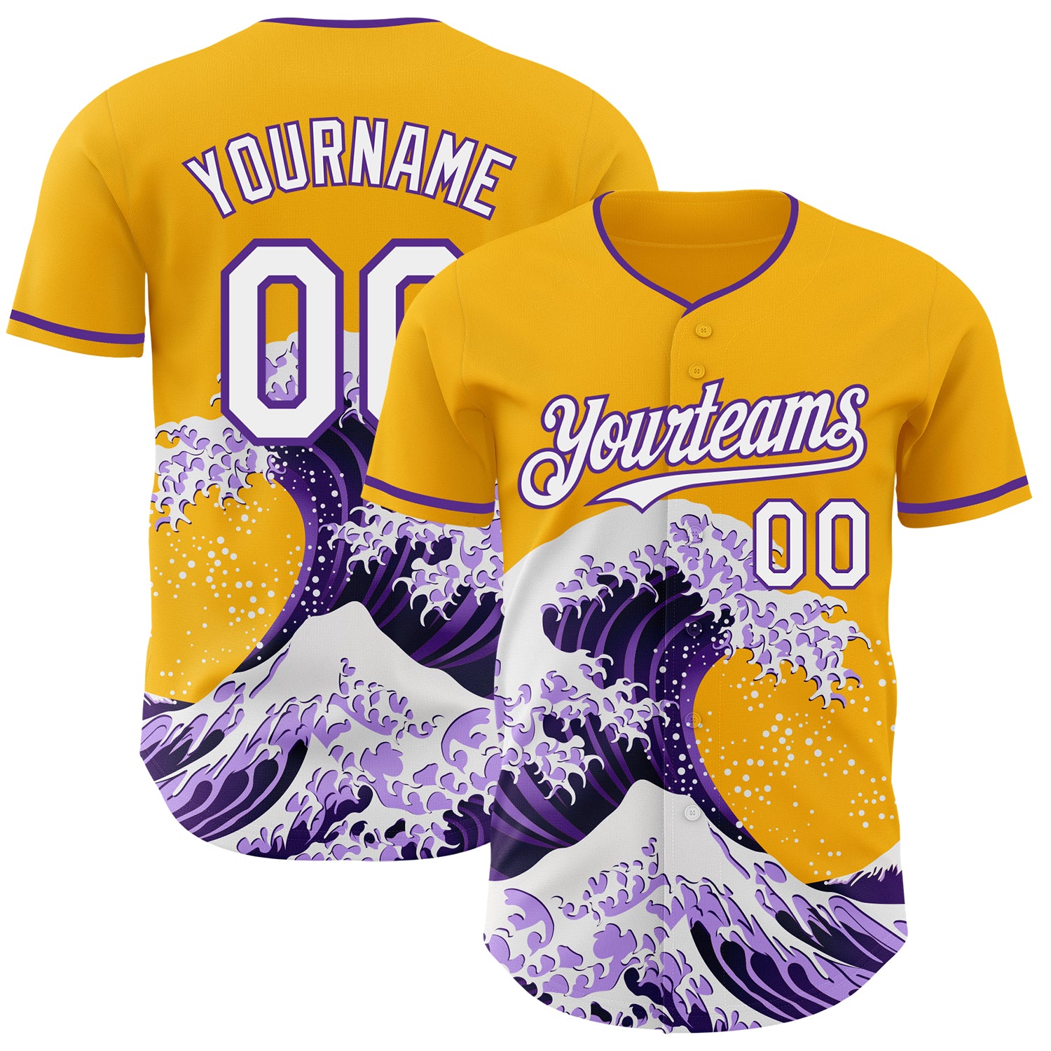 Custom Gold White-Purple Japanese Wave 3D Pattern Design Authentic Baseball Jersey