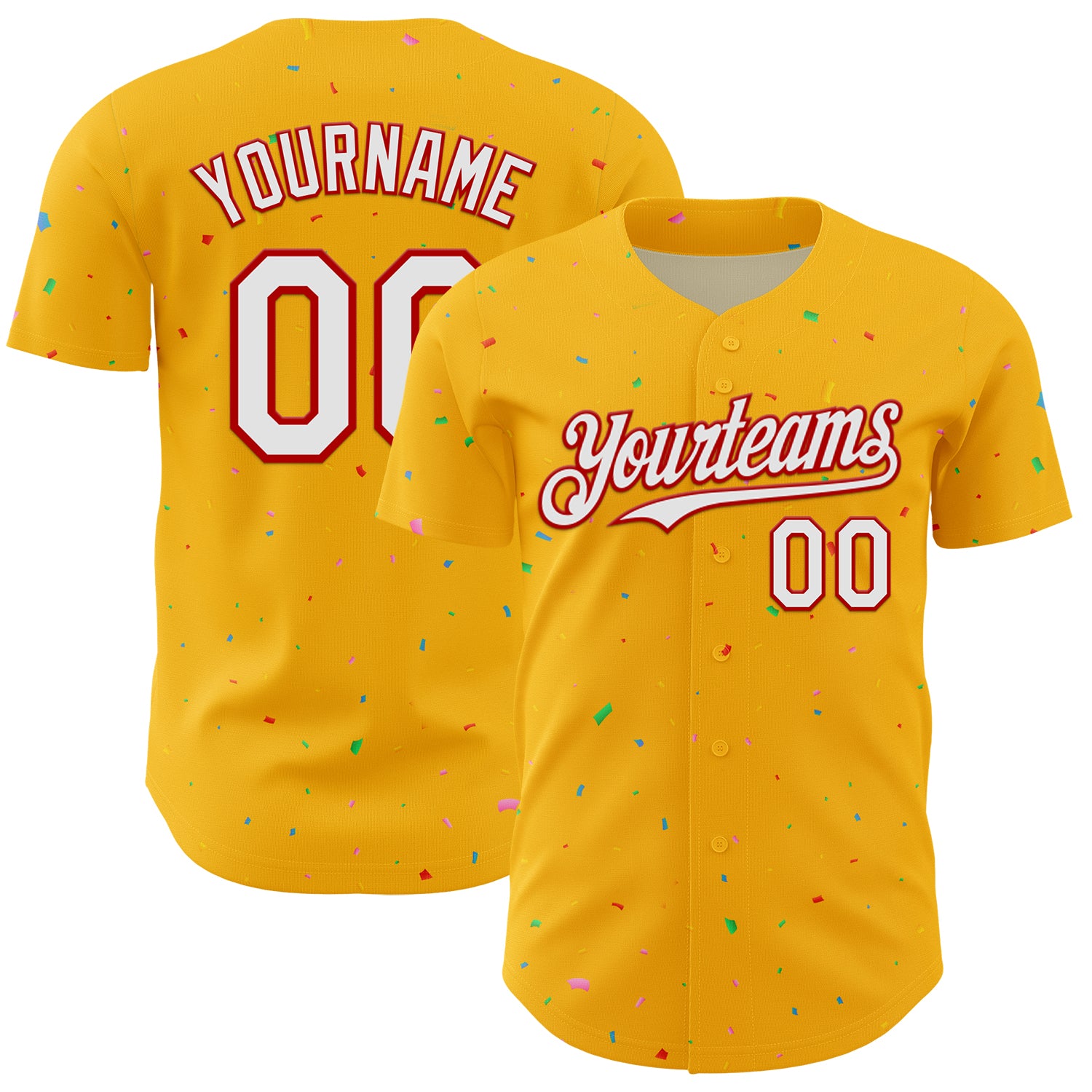 Custom Gold White-Red 3D Pattern Design Confetti Colorful Speckle Authentic Baseball Jersey