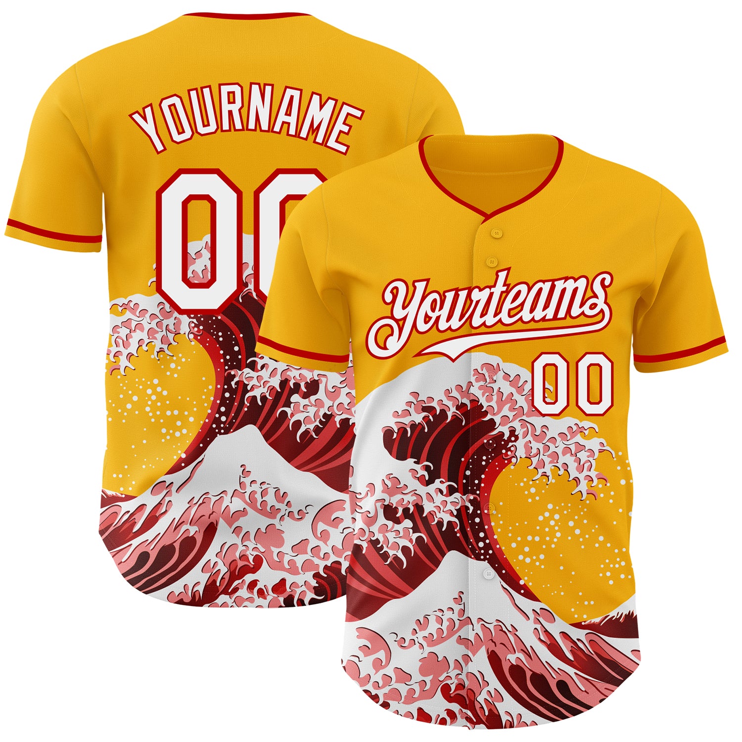 Custom Gold White-Red Japanese Wave 3D Pattern Design Authentic Baseball Jersey