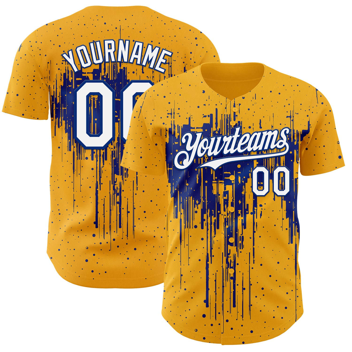 Custom Gold White-Royal 3D Pattern Design Dripping Splatter Paint Authentic Baseball Jersey