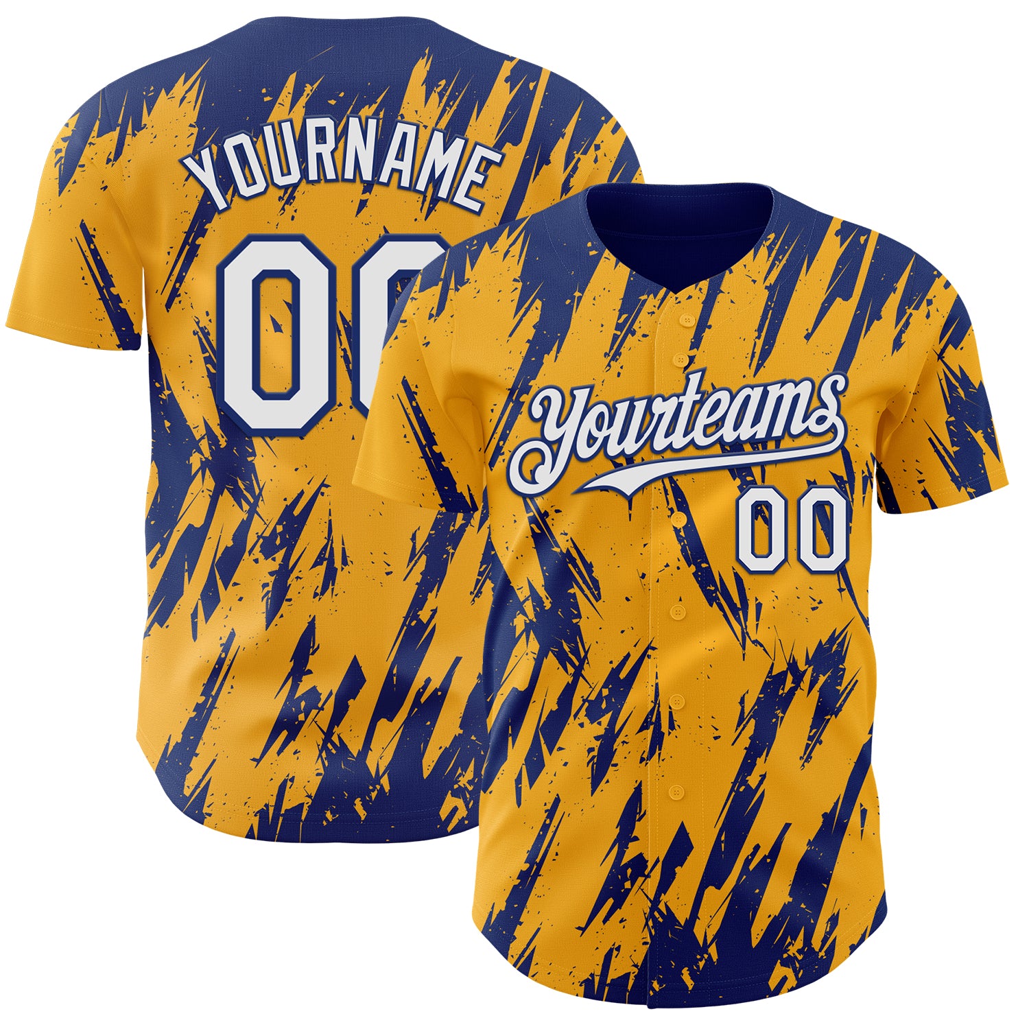 Custom Gold White-Royal 3D Pattern Design Splatter Torn Sharp Brush Stroke Authentic Baseball Jersey