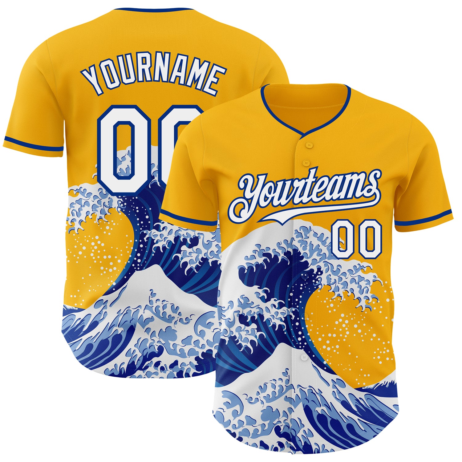 Custom Gold White-Royal Japanese Wave 3D Pattern Design Authentic Baseball Jersey
