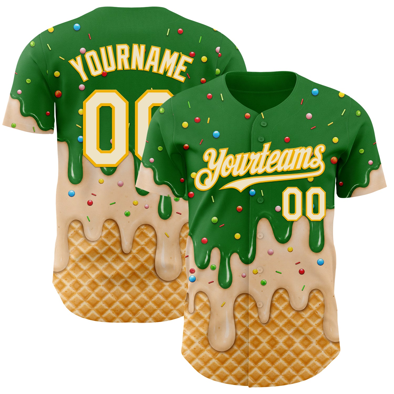 Custom Grass Green Cream-Gold Ice Cream Waffle Foodie Dessert Authentic Baseball Jersey