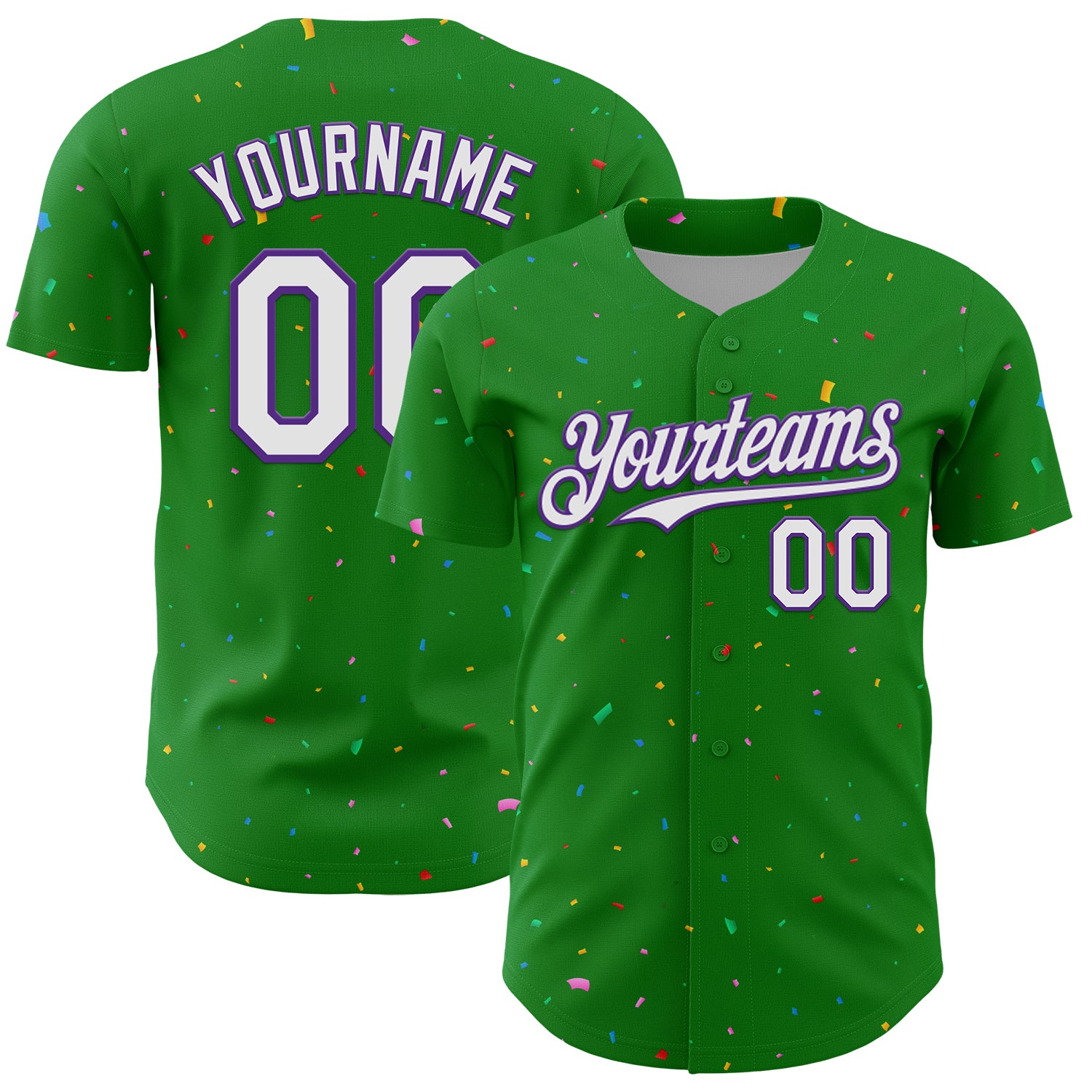 Custom Grass Green White-Purple 3D Pattern Design Confetti Colorful Speckle Authentic Baseball Jersey