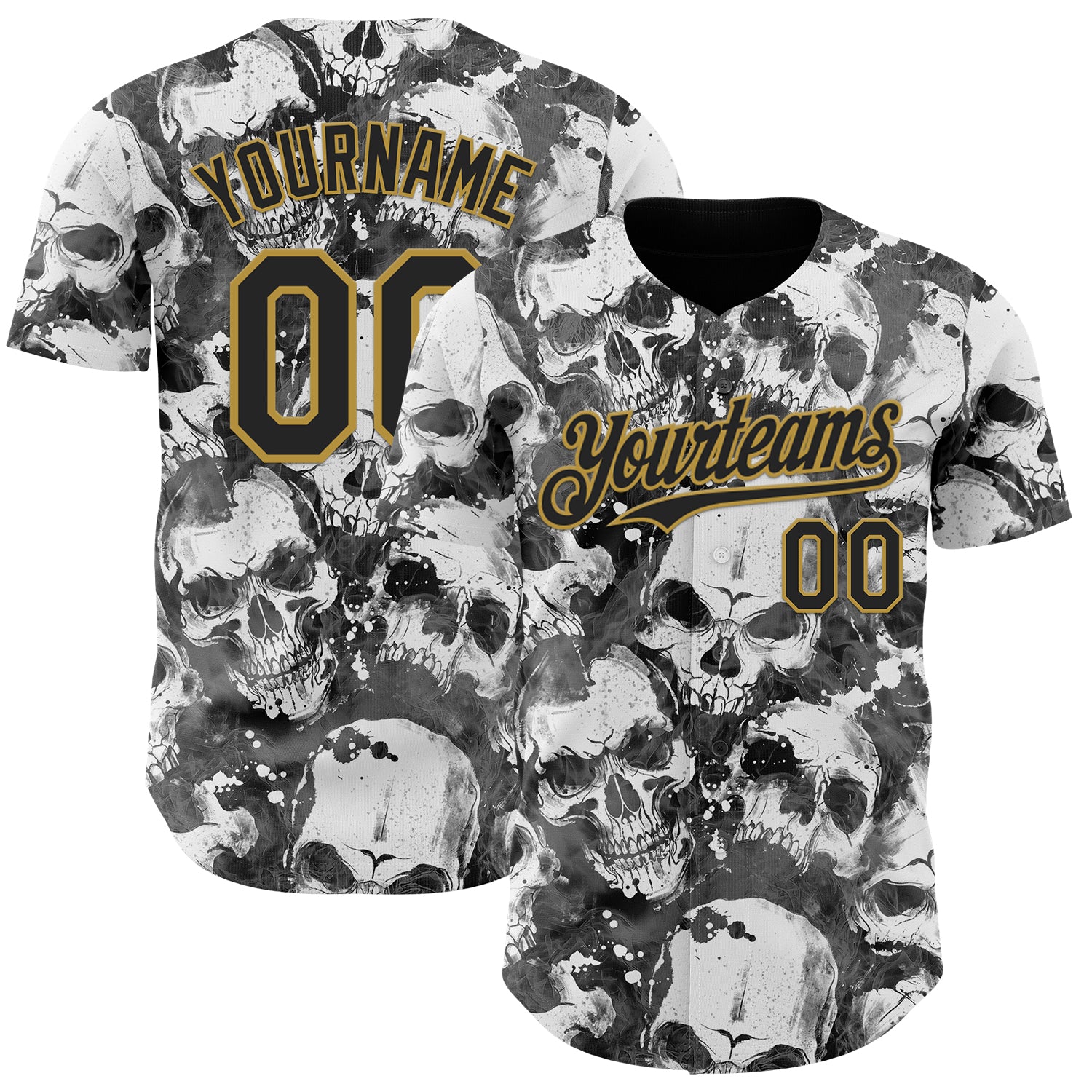 Custom Gray Black-Old Gold Flames Skull Smoke Authentic Baseball Jersey