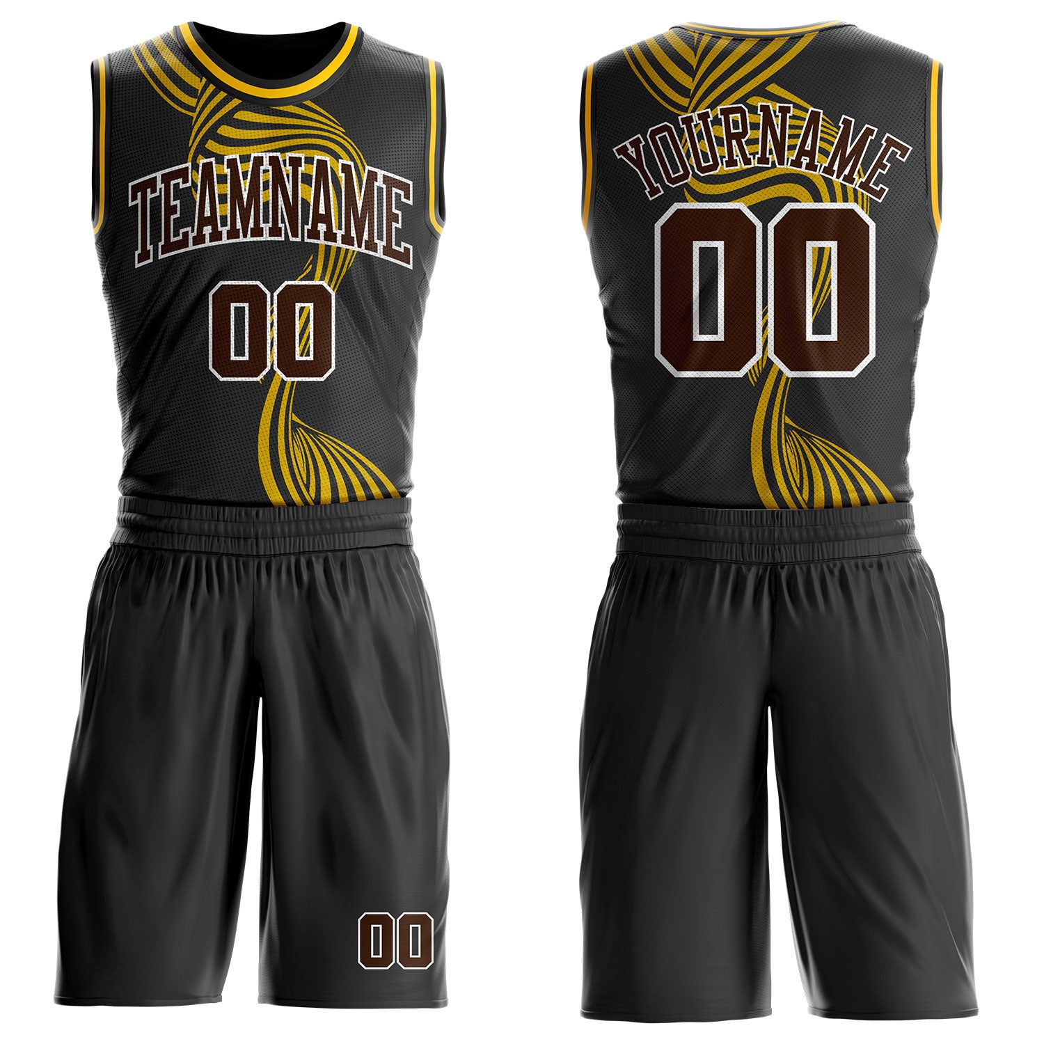 Custom Black Brown White-Yellow Stream Wave Stripe Round Neck Sublimation Basketball Suit Jersey