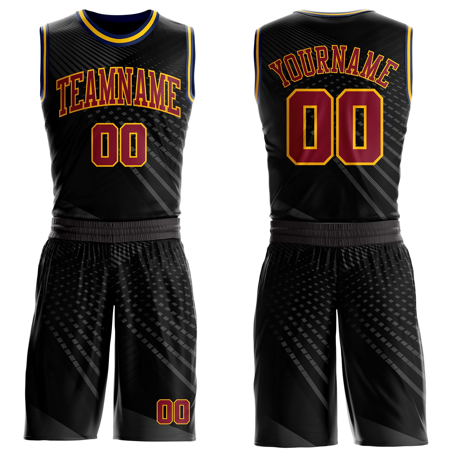 Custom Black Crimson Gray Gold Navy-Yellow Gradient Grid Stripe Round Neck Sublimation Basketball Suit Jersey