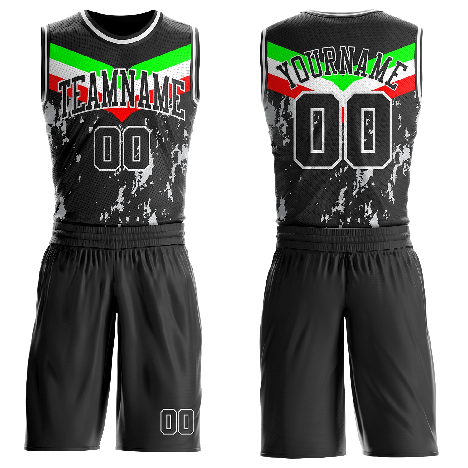 Custom Black Neon Green Red-White Geometric Chevron Stripe Paint Splatter Round Neck Sublimation Basketball Suit Jersey