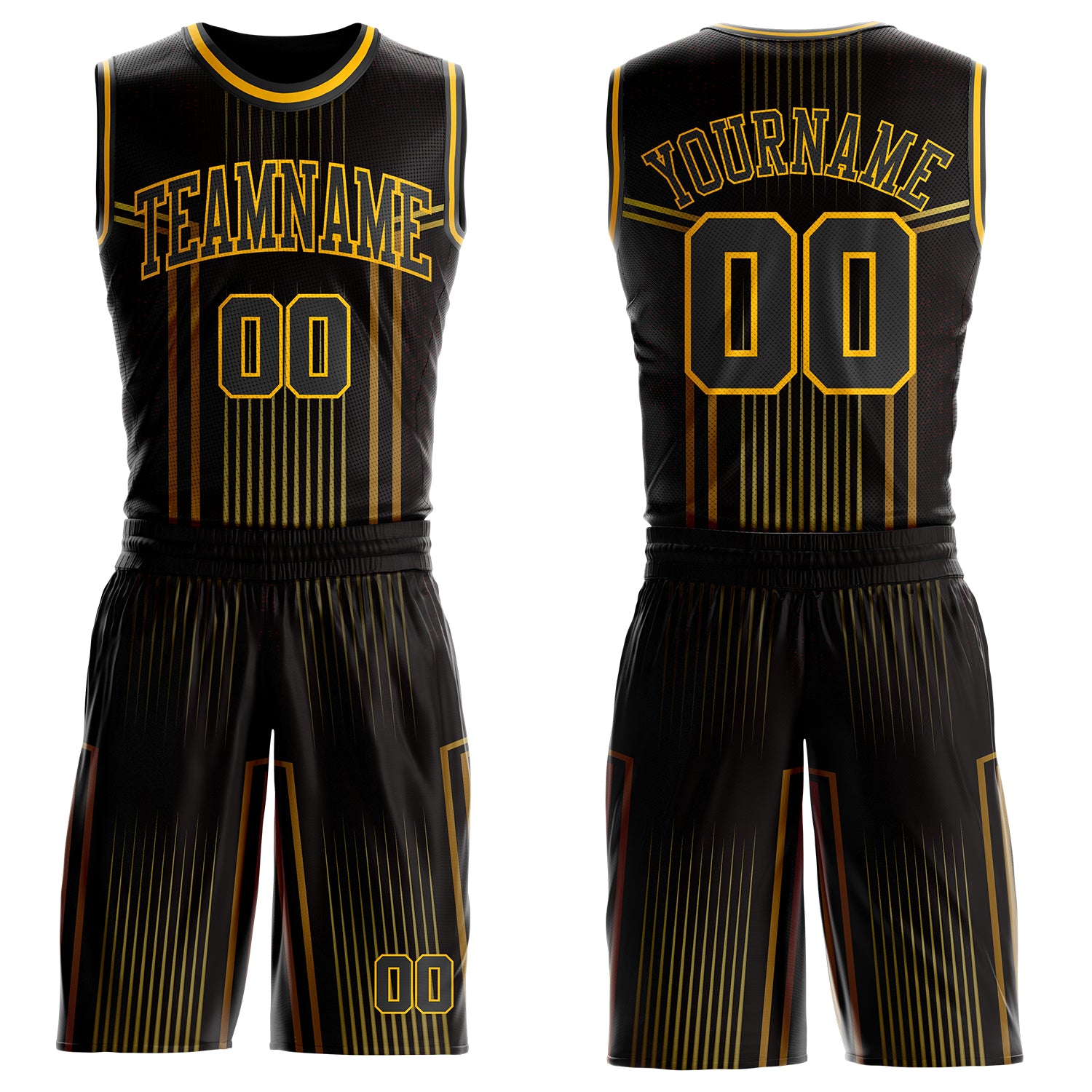 Custom Black Old Gold-Gold Vertical Stripe Gradient Round Neck Sublimation Basketball Suit Jersey