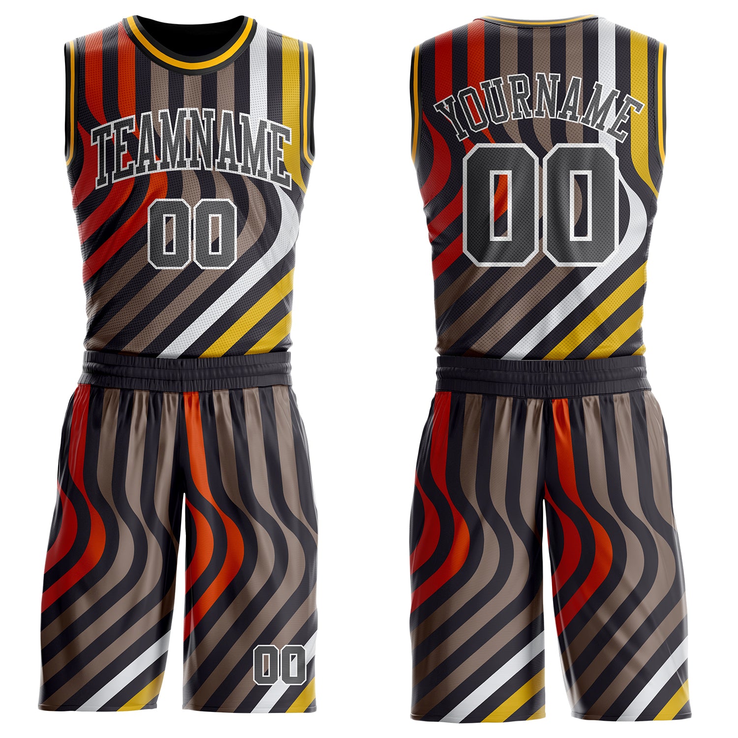 Custom Black Steel Gray Red White-Gold Wave Stripe Round Neck Sublimation Basketball Suit Jersey