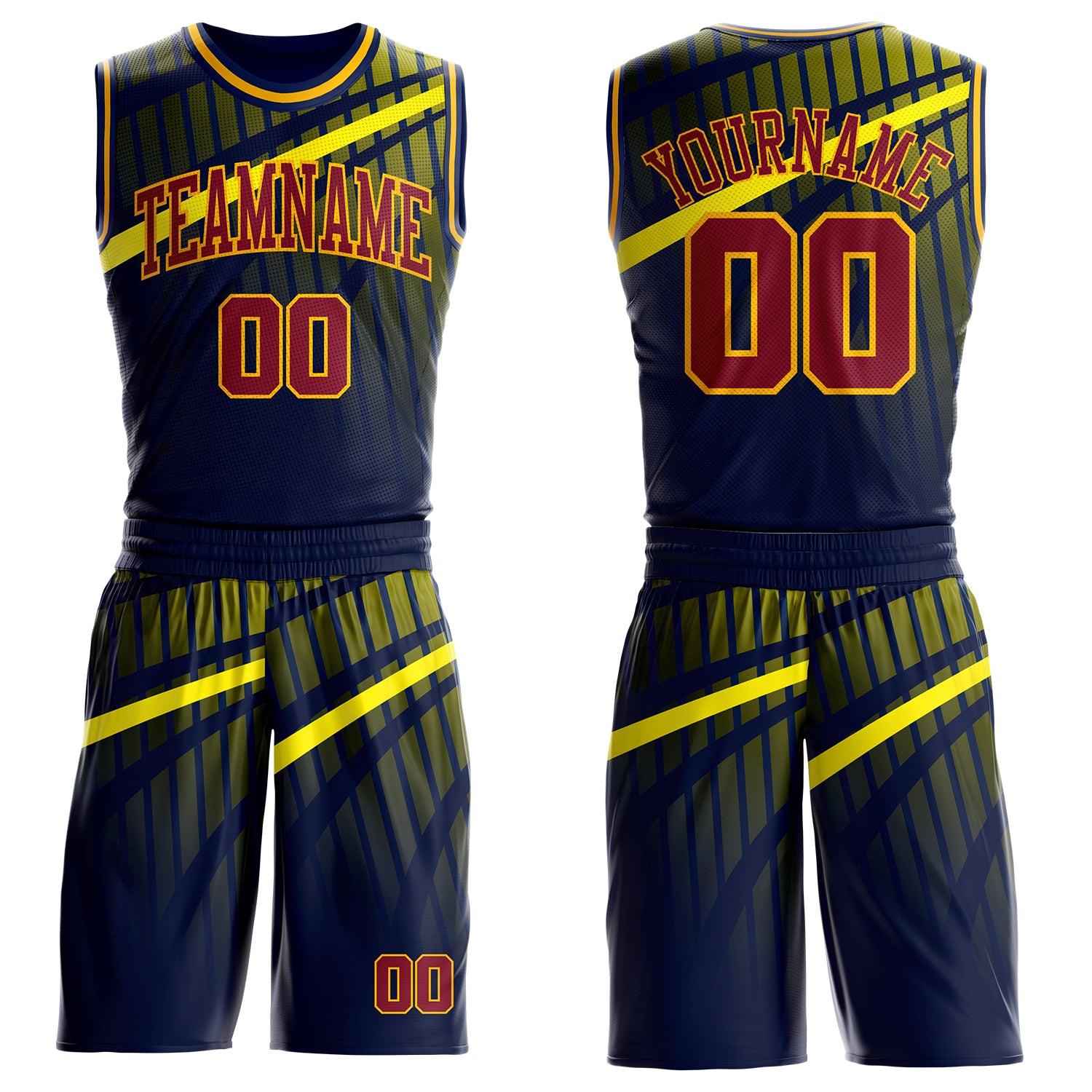 Custom Blue Crimson Gold-Navy Gradient Grid Stripe Round Neck Sublimation Basketball Suit Jersey