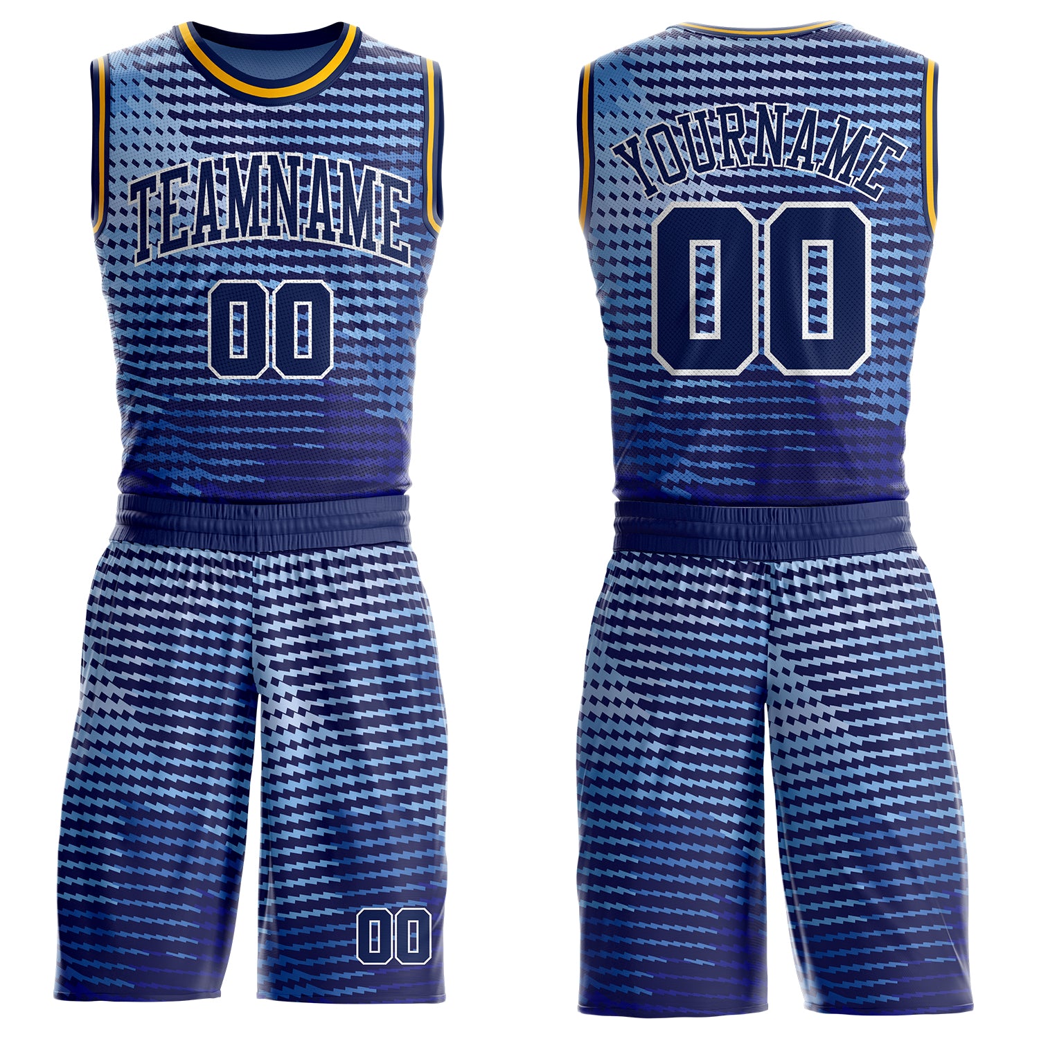 Custom Blue Navy White-Gold Gradient Geometric Stripe Round Neck Sublimation Basketball Suit Jersey