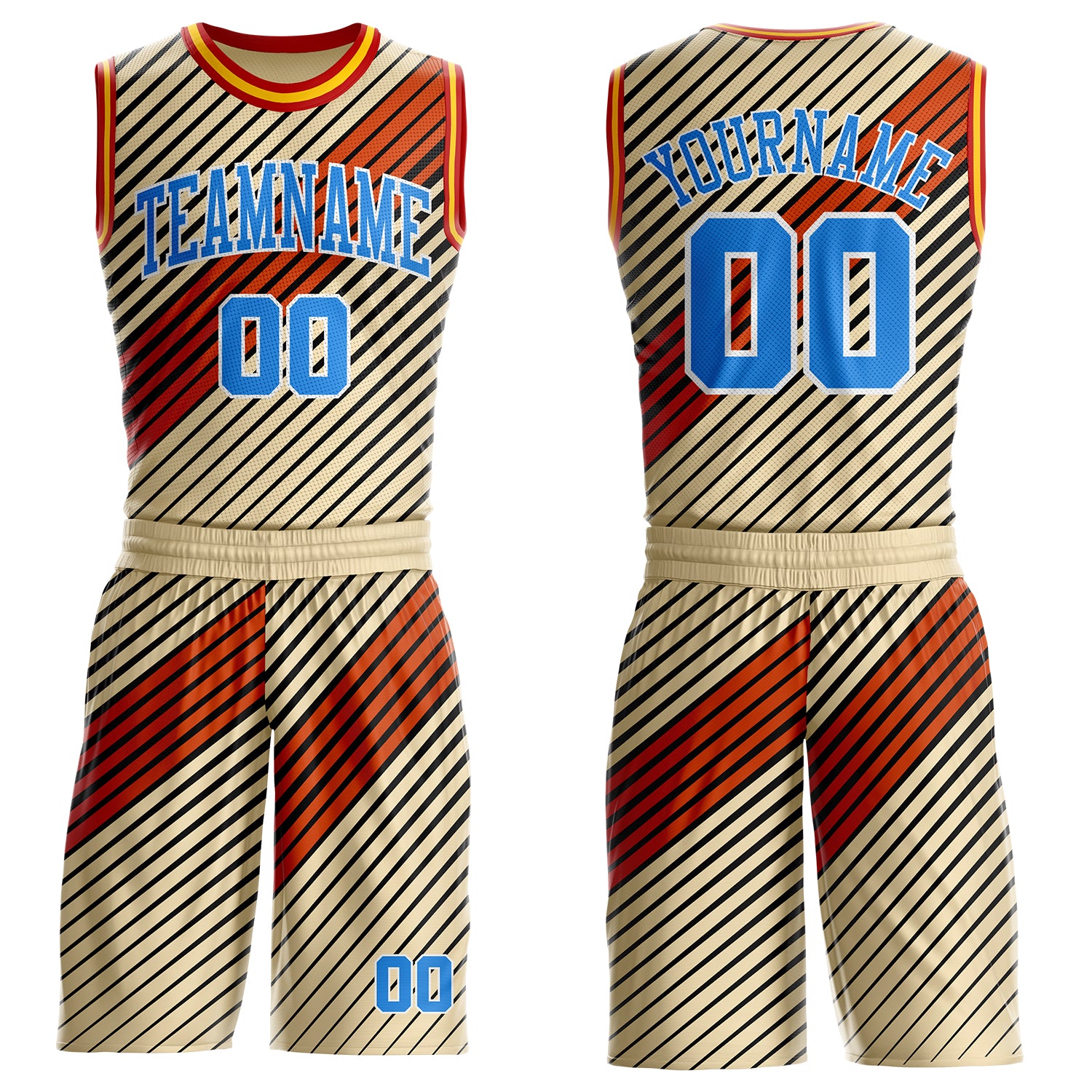 Custom Cream Powder Blue Black White Red-Gold Geometric Stripe Round Neck Sublimation Basketball Suit Jersey