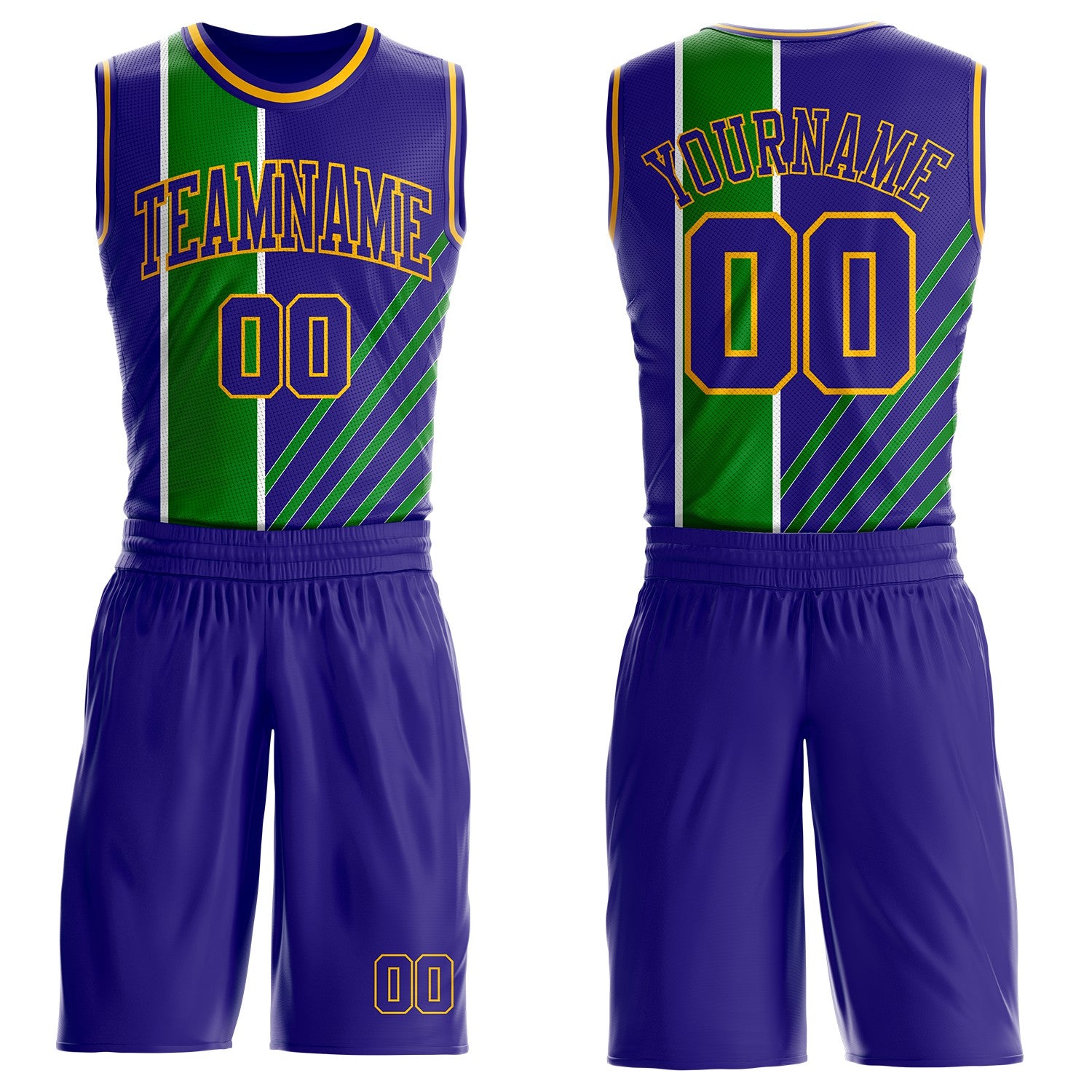 Custom Dark Purple Grass Green White-Gold Geometric Stripe Round Neck Sublimation Basketball Suit Jersey