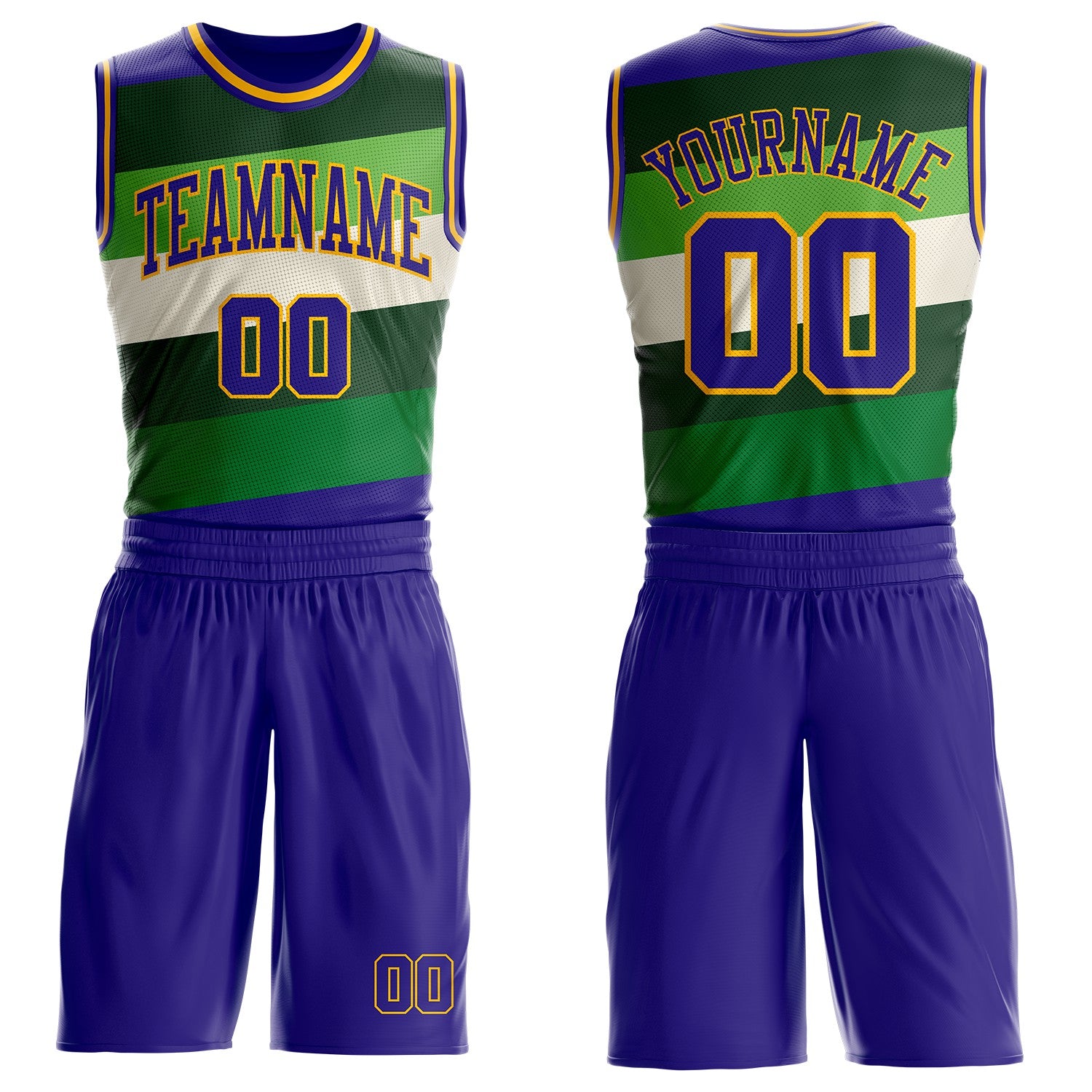 Custom Dark Purple Green-Gold Geometric Stripe Round Neck Sublimation Basketball Suit Jersey