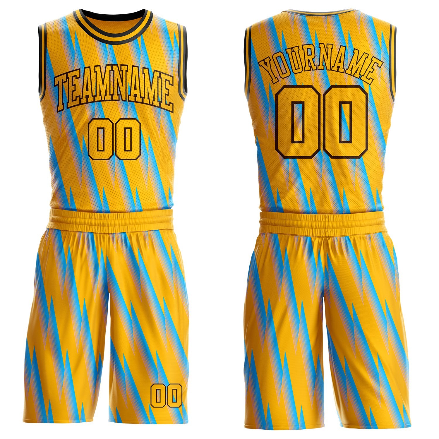 Custom Gold Lakes Blue Brown-Black Gradient Lightning Stripe Round Neck Sublimation Basketball Suit Jersey