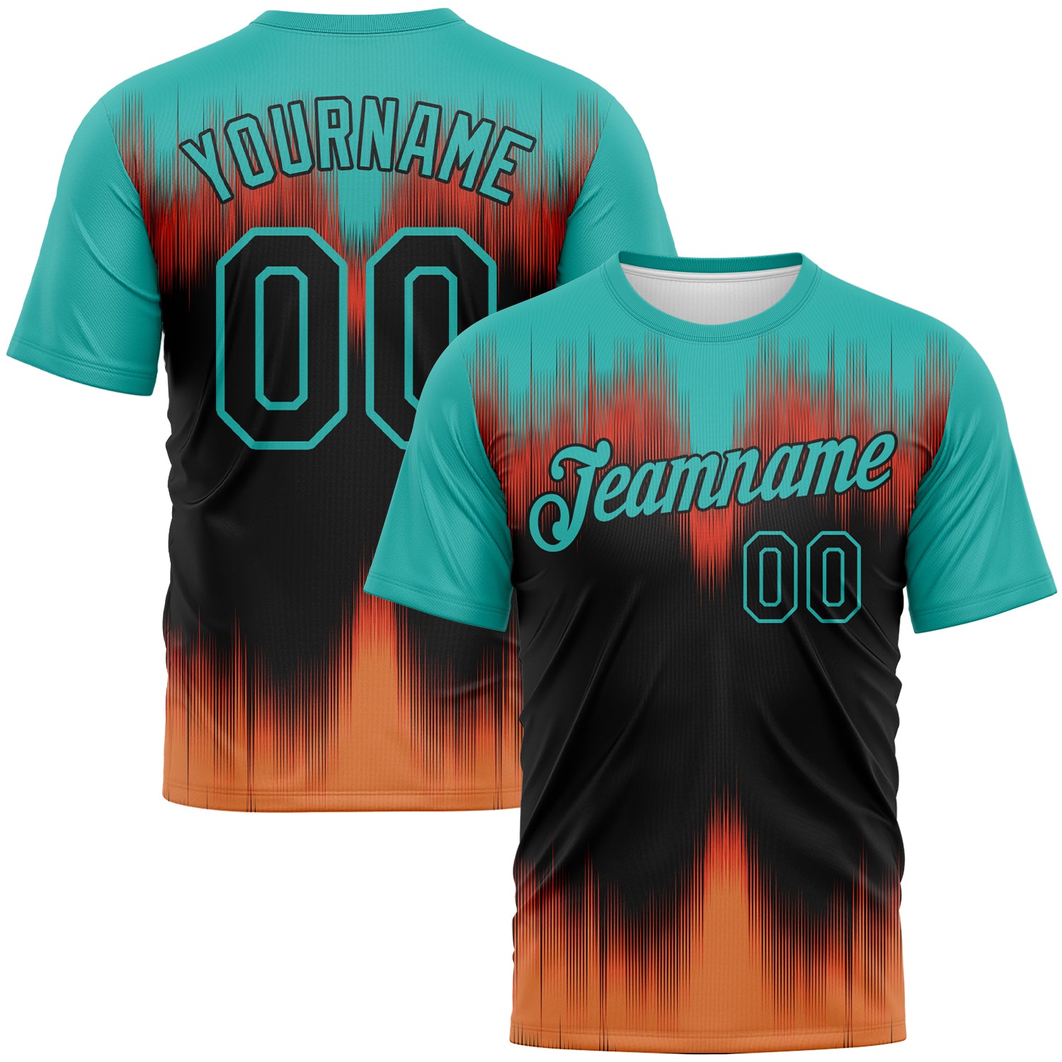 Custom Aqua Black-Bay Orange 3D Pattern Bermuda Playa Fade Effect Performance T-Shirt
