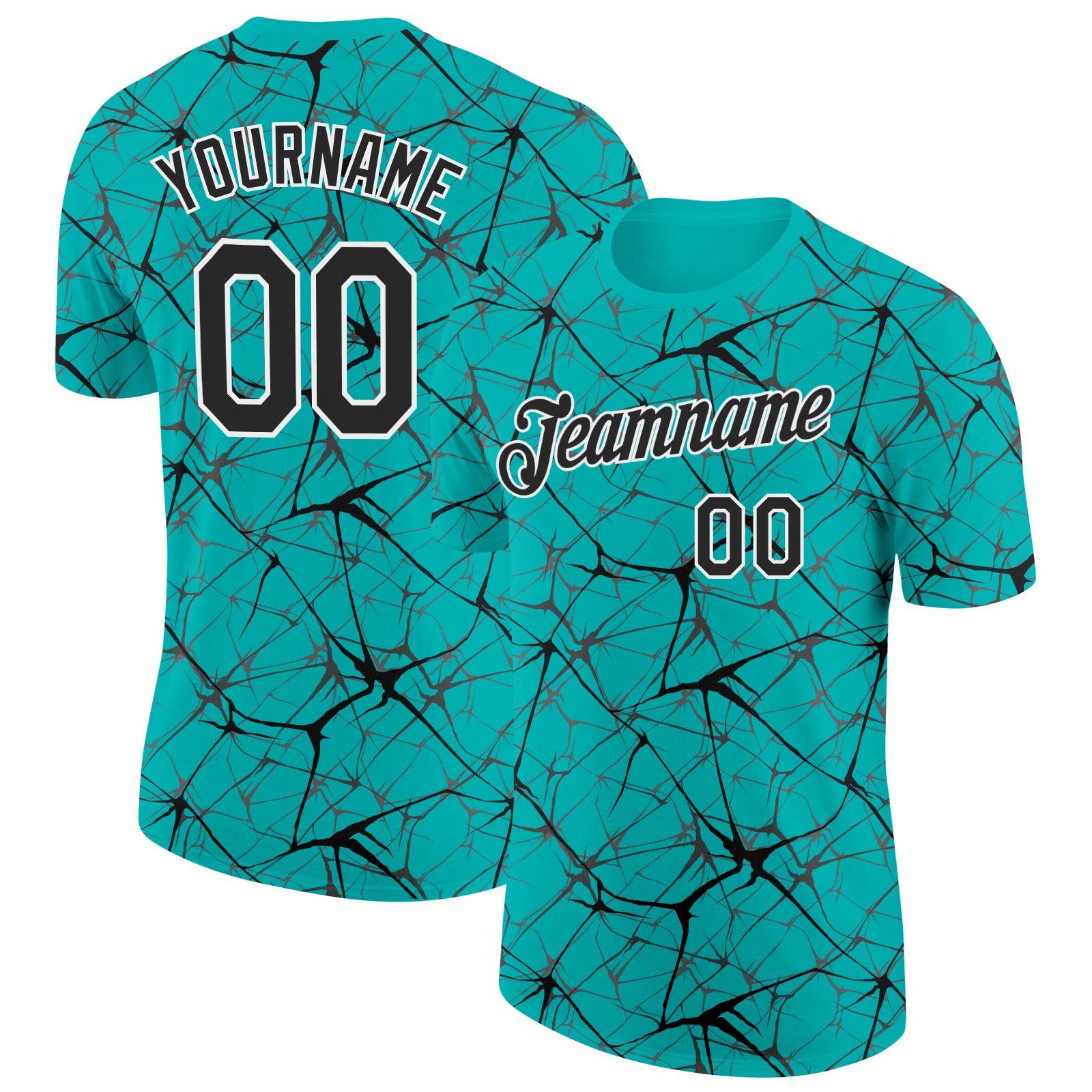 Custom Aqua Black Gray-White Abstract Network Crackle Performance T-Shirt