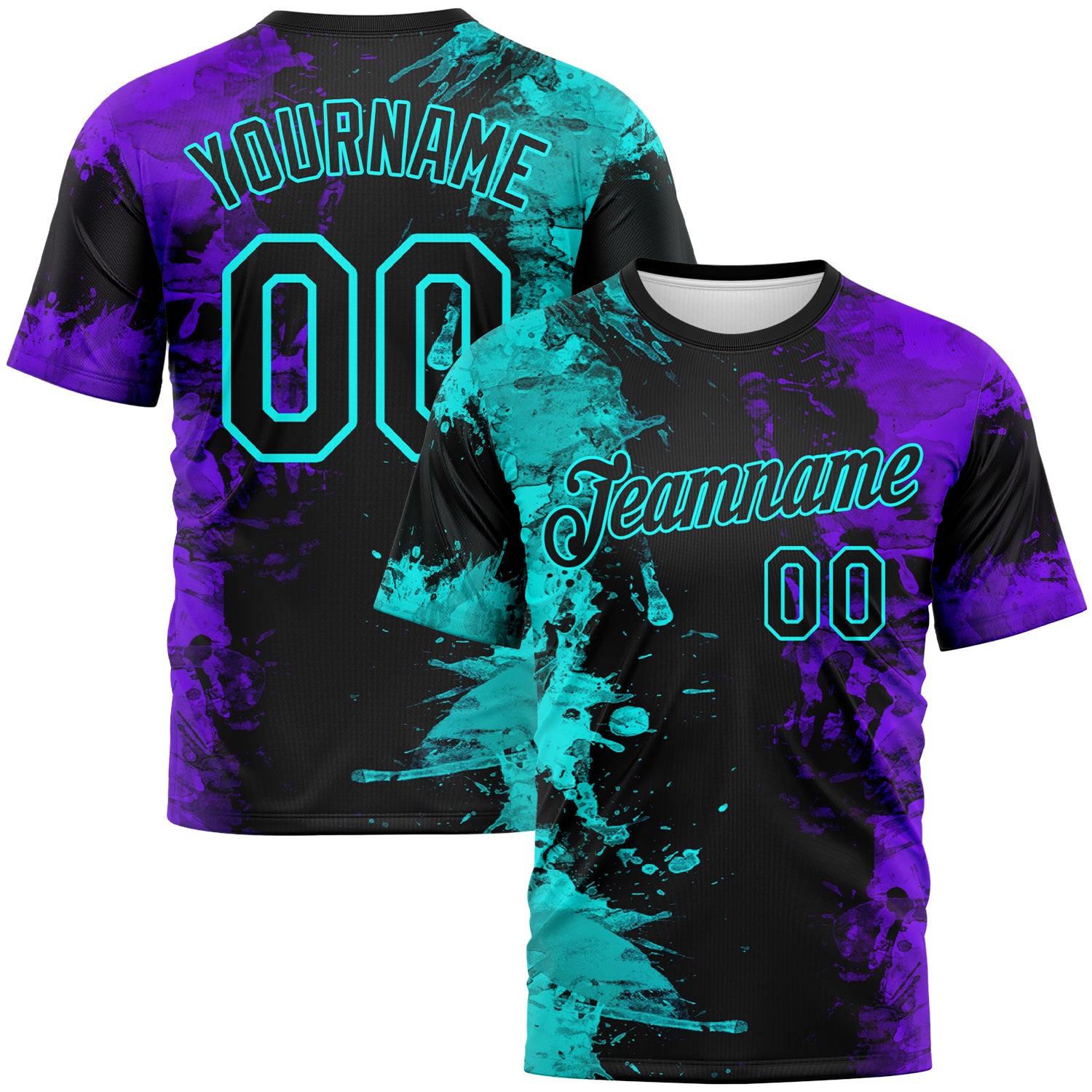 Custom Aqua Black-Purple 3D Pattern Ink Splash Duotono Style Performance T-Shirt