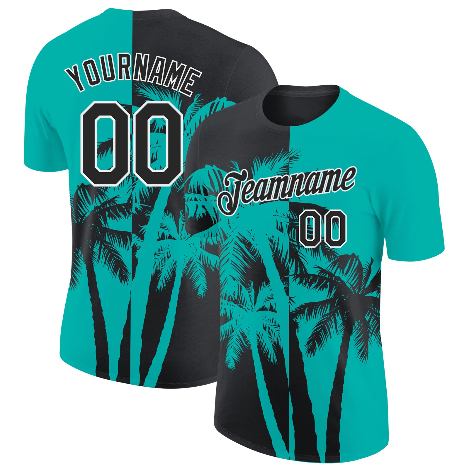 Custom Aqua Black-White Hawaii Tropical Coastal Palm Trees Performance T-Shirt