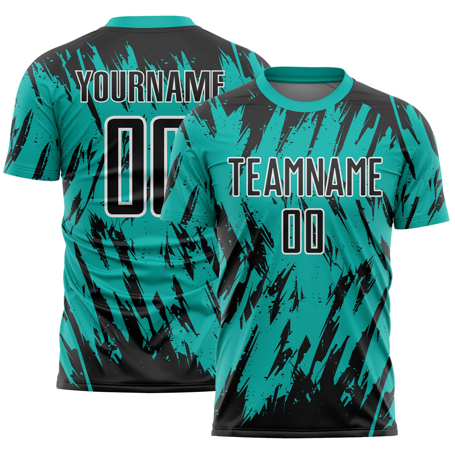 Custom Aqua Black-White Splatter Torn Sharp Brush Stroke Sublimation Soccer Uniform Jersey