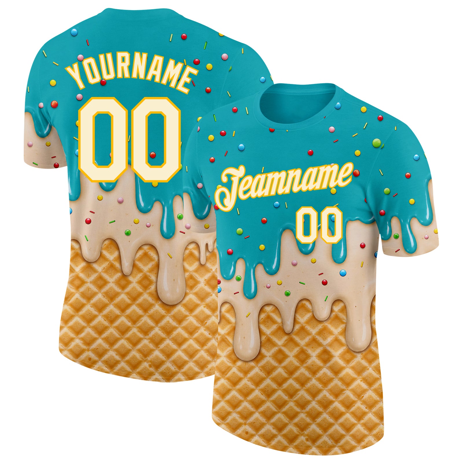 Custom Aqua Cream-Gold Ice Cream Waffle Foodie Dessert Performance T-Shirt