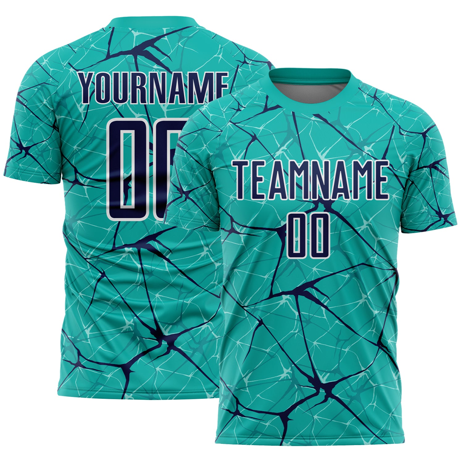 Custom Aqua Navy-White Abstract Network Crackle Sublimation Soccer Uniform Jersey