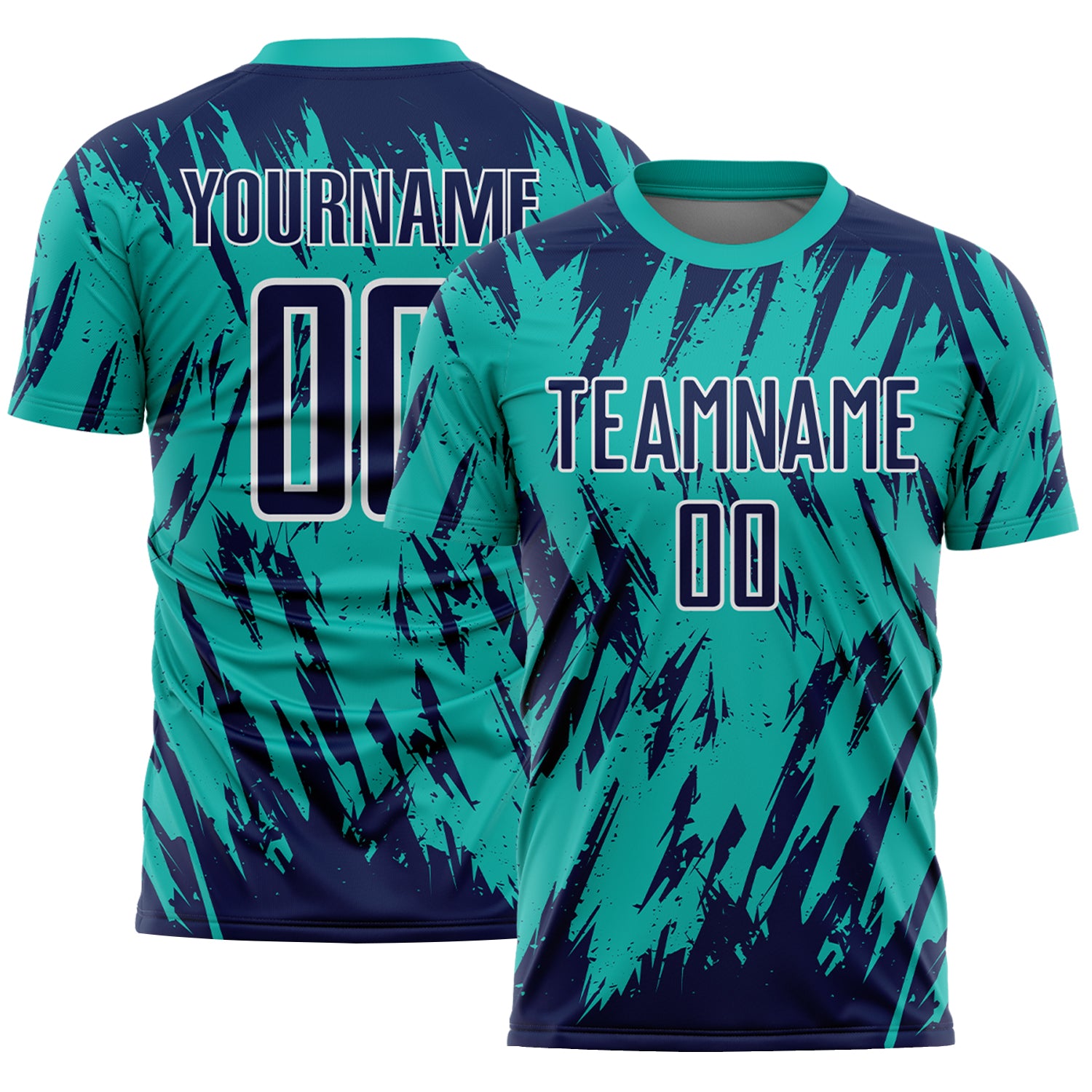 Custom Aqua Navy-White Splatter Torn Sharp Brush Stroke Sublimation Soccer Uniform Jersey