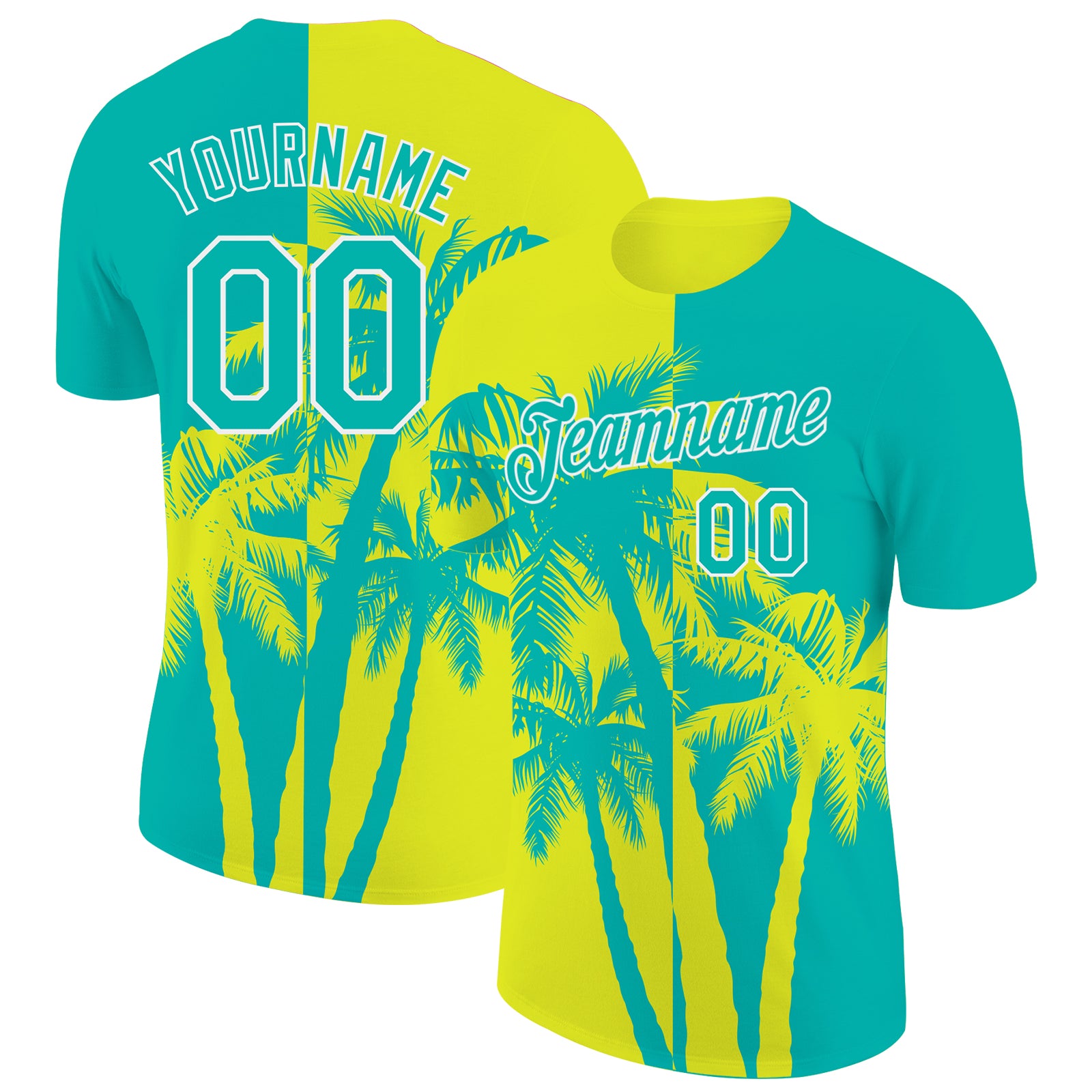 Custom Aqua Neon Yellow-White Hawaii Tropical Coastal Palm Trees Performance T-Shirt