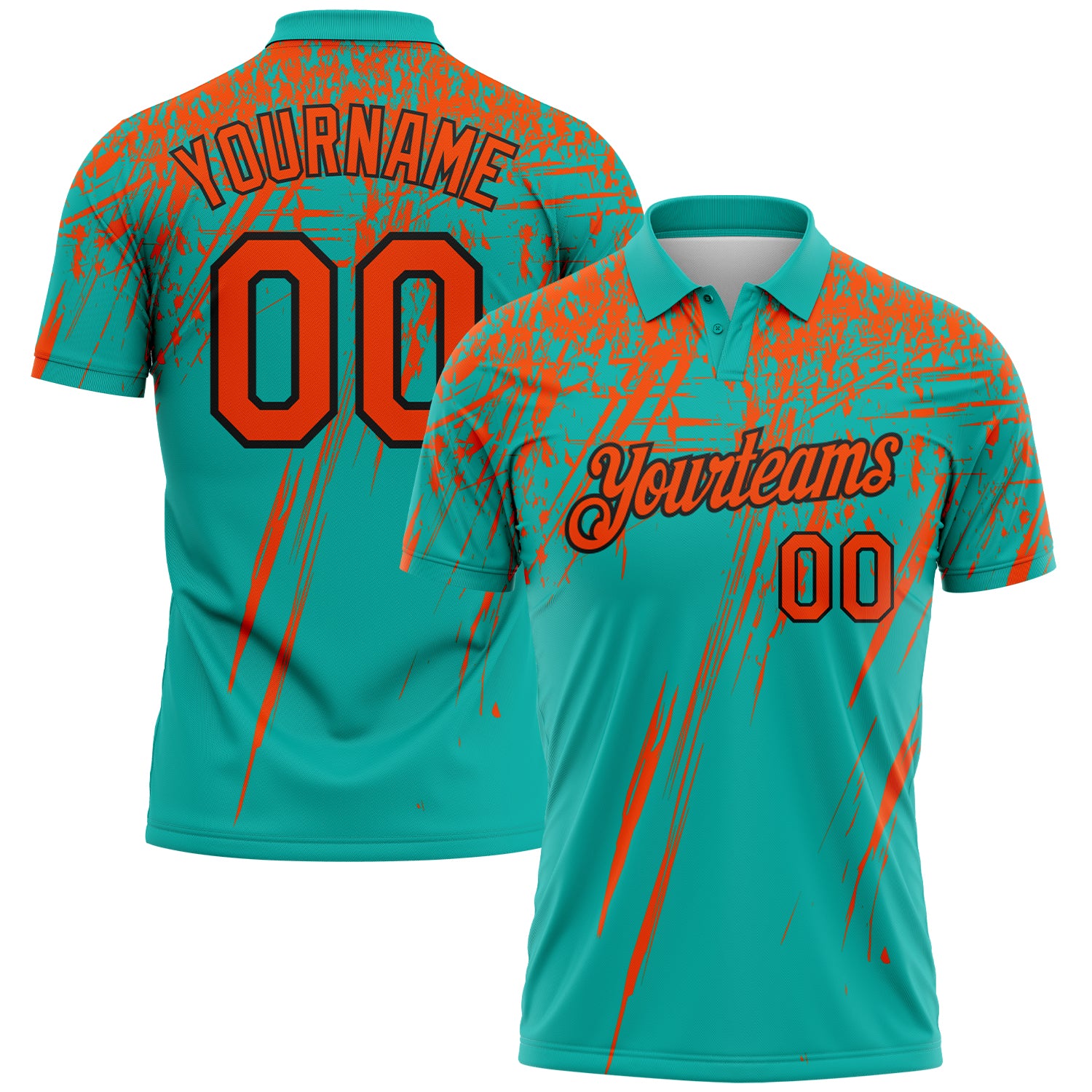 Custom Aqua Orange-Black Distressed Scratch Brush Stroke Performance Polo Shirt