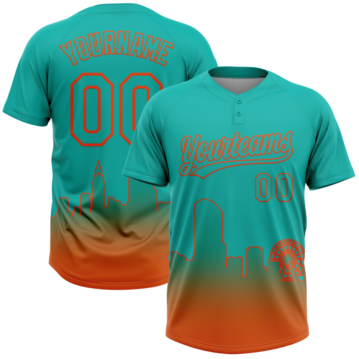 Custom Aqua Orange Miami City Edition Gradient Two-Button Unisex Softball Jersey