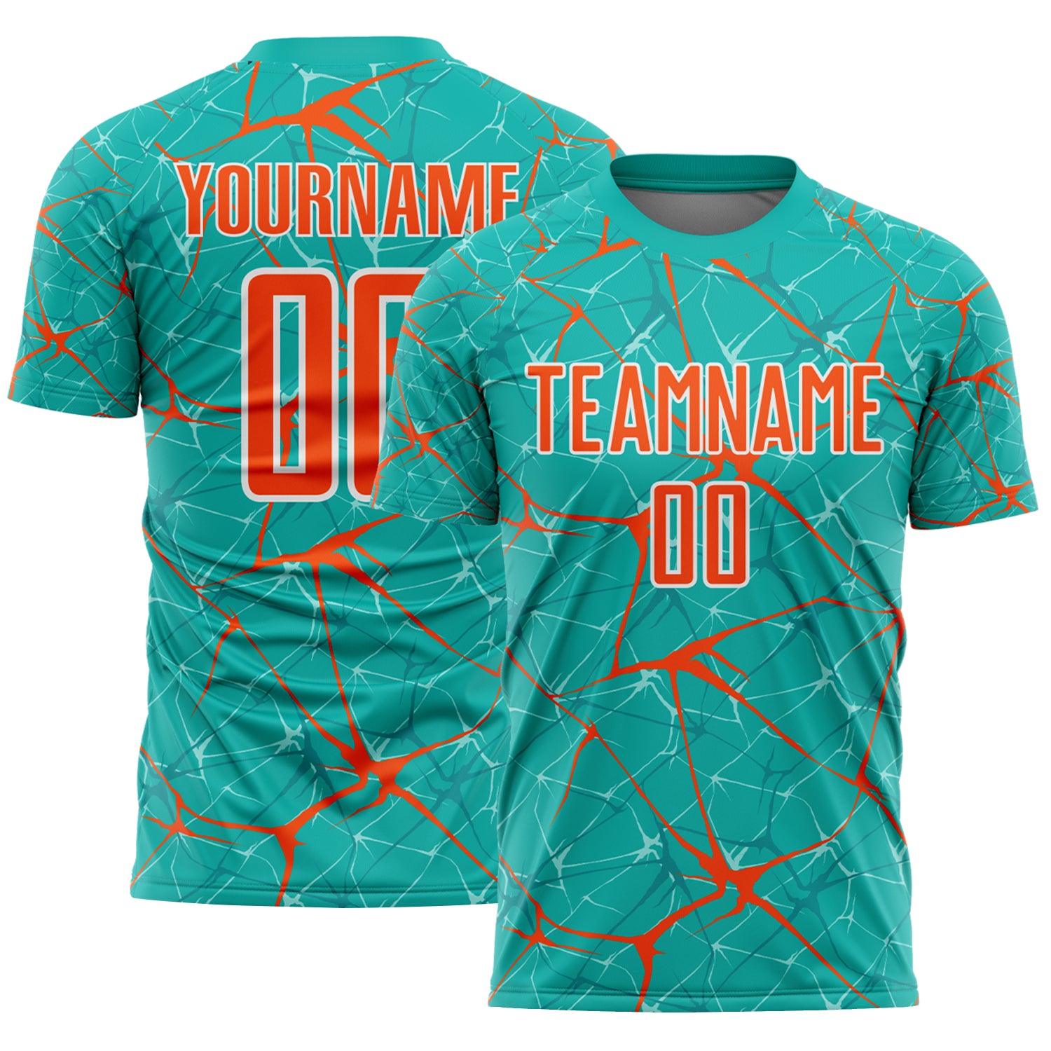Custom Aqua Orange-White Abstract Network Crackle Sublimation Soccer Uniform Jersey