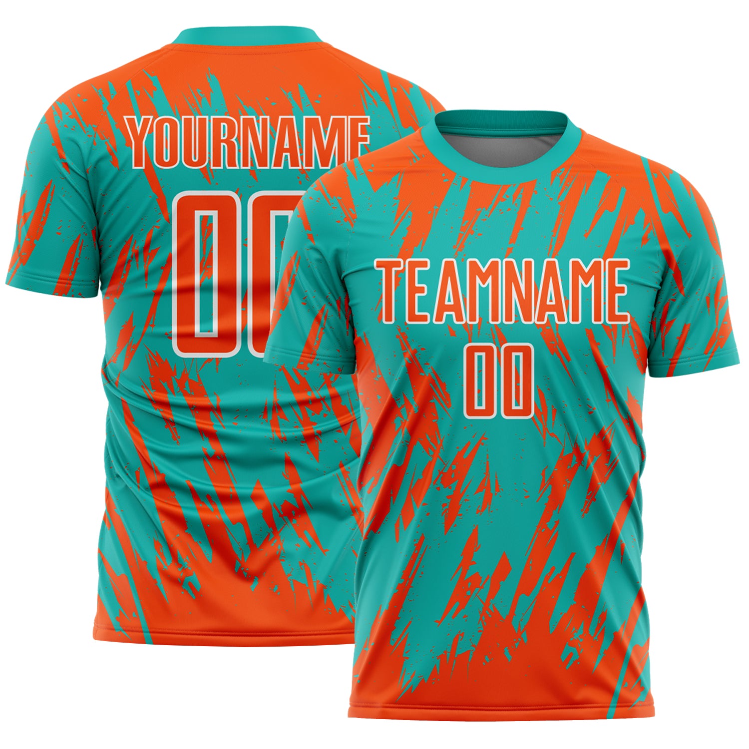 Custom Aqua Orange-White Splatter Torn Sharp Brush Stroke Sublimation Soccer Uniform Jersey