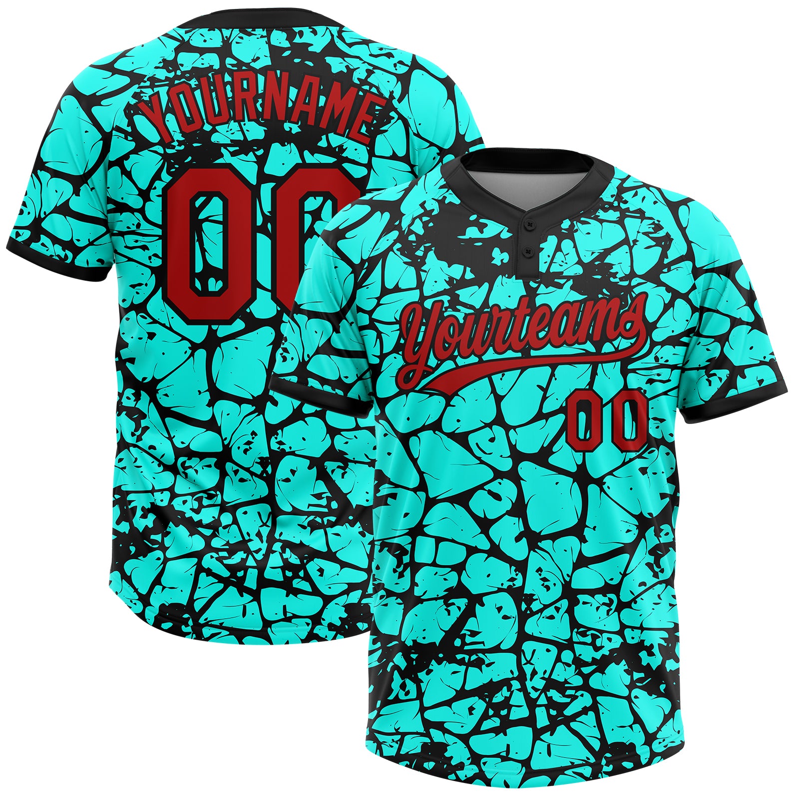 Custom Aqua Red-Black Abstract Network Crackle 3D Pattern Two-Button Unisex Softball Jersey