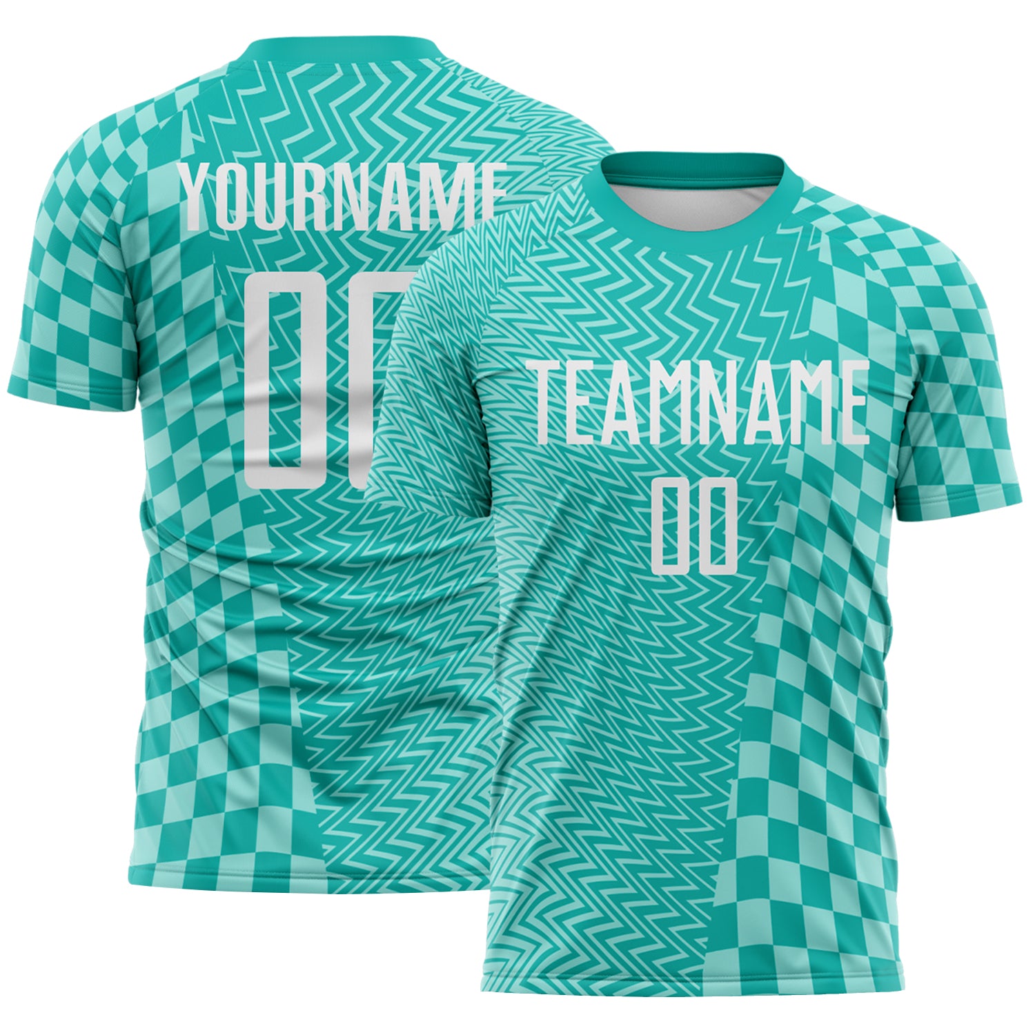 Custom Aqua White-Ice Blue Geometric Patchwork Asymmetry Checkered Zigzag Lines Sublimation Soccer Uniform Jersey