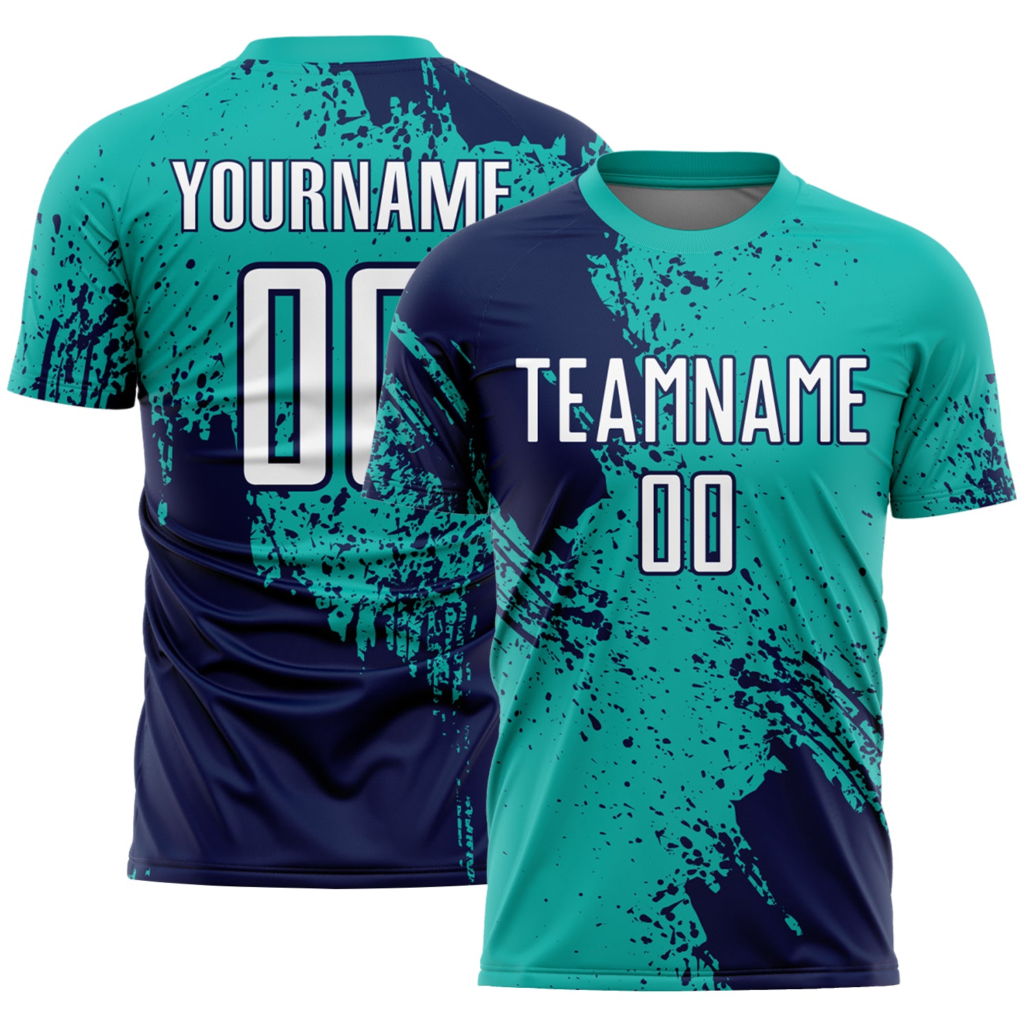 Custom Aqua White-Navy Abstract Brush Stroke Sports Sublimation Soccer Uniform Jersey
