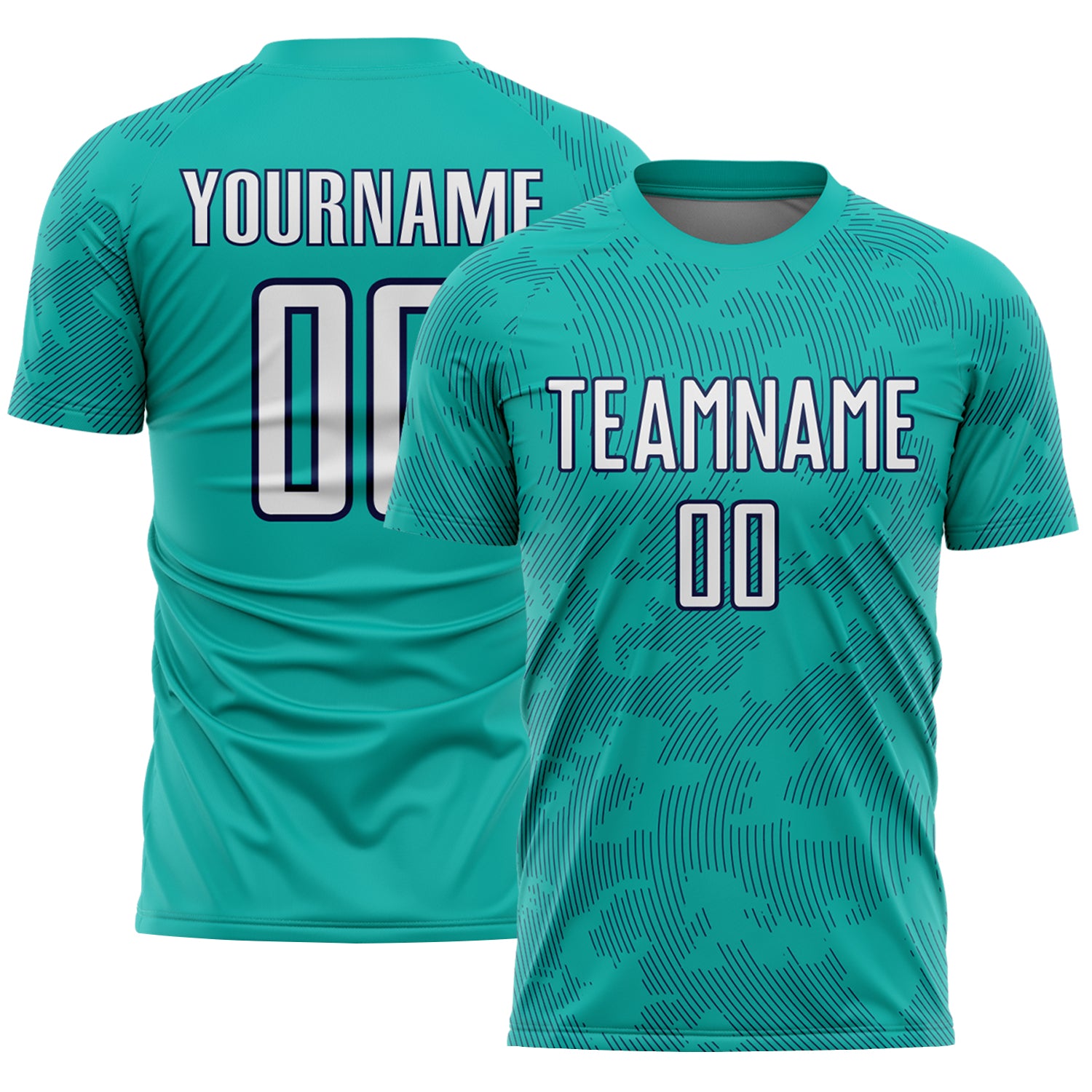 Custom Aqua White-Navy Curve Lines Sublimation Soccer Uniform Jersey
