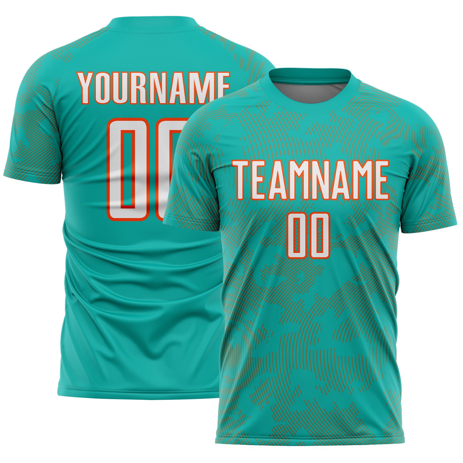 Custom Aqua White-Orange Curve Lines Sublimation Soccer Uniform Jersey