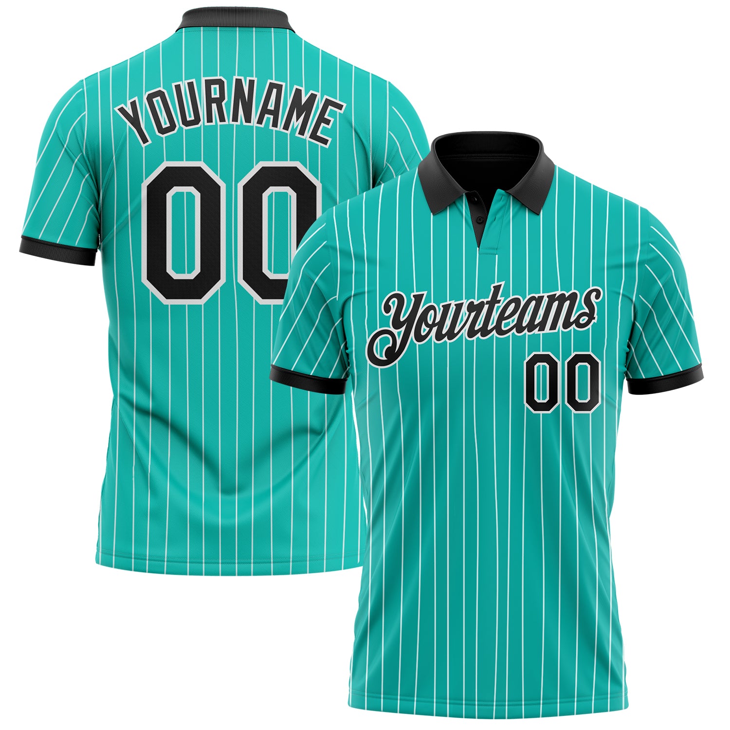 Custom Aqua White Pinstripe-Black Performance Polo Shirt