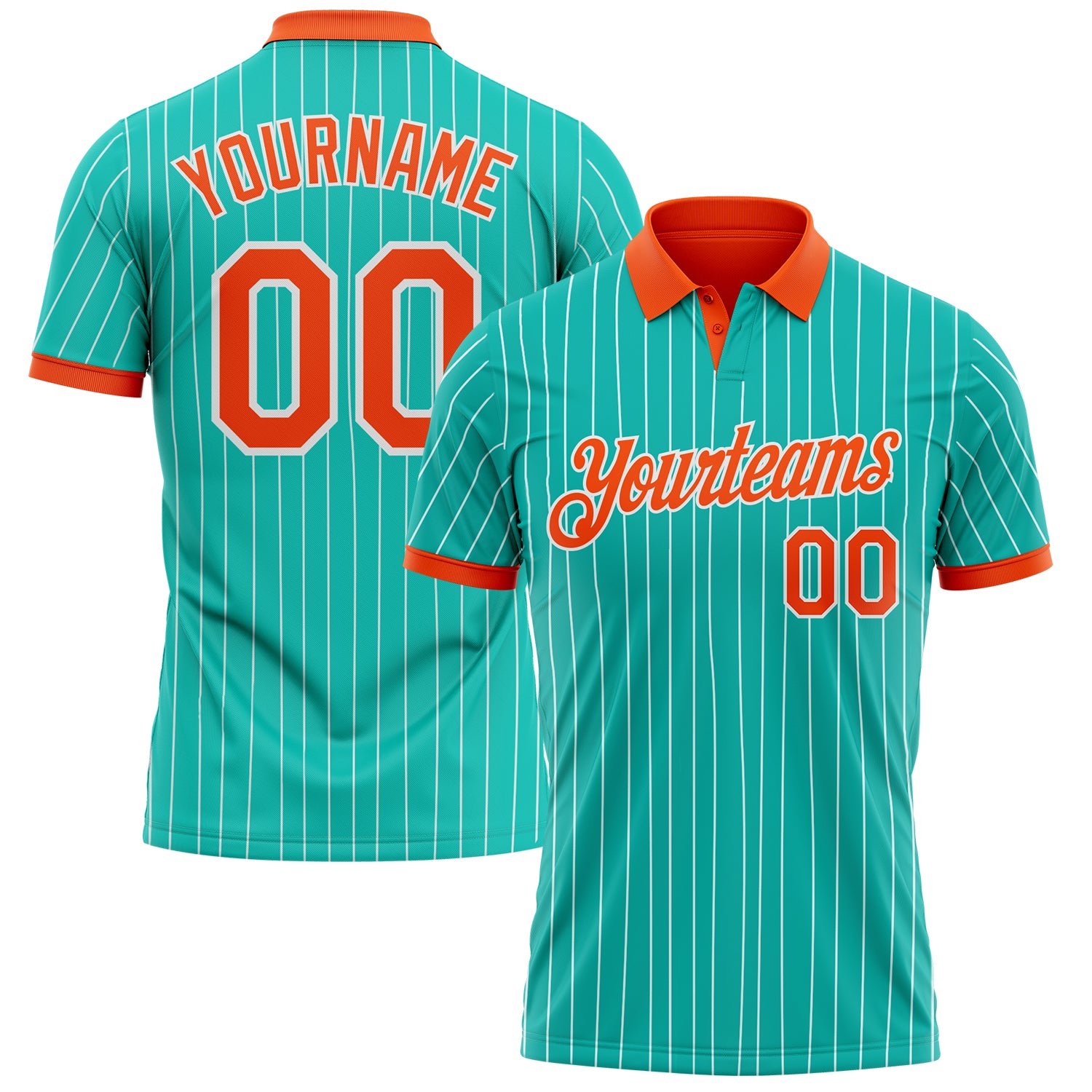 Custom Aqua White Pinstripe-Orange Performance Polo Shirt