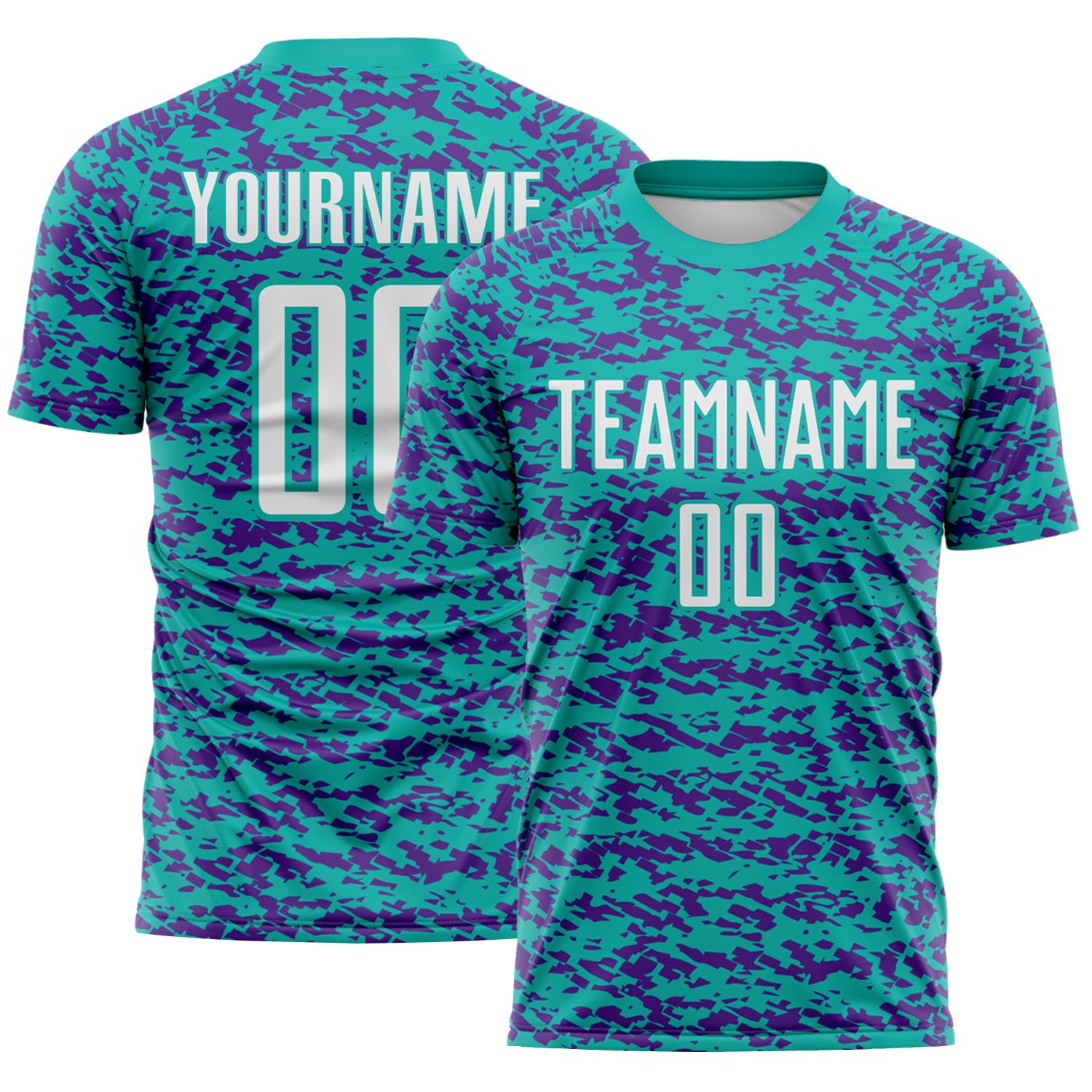 Custom Aqua White-Purple Geometric Fragment Splatter Sublimation Soccer Uniform Jersey