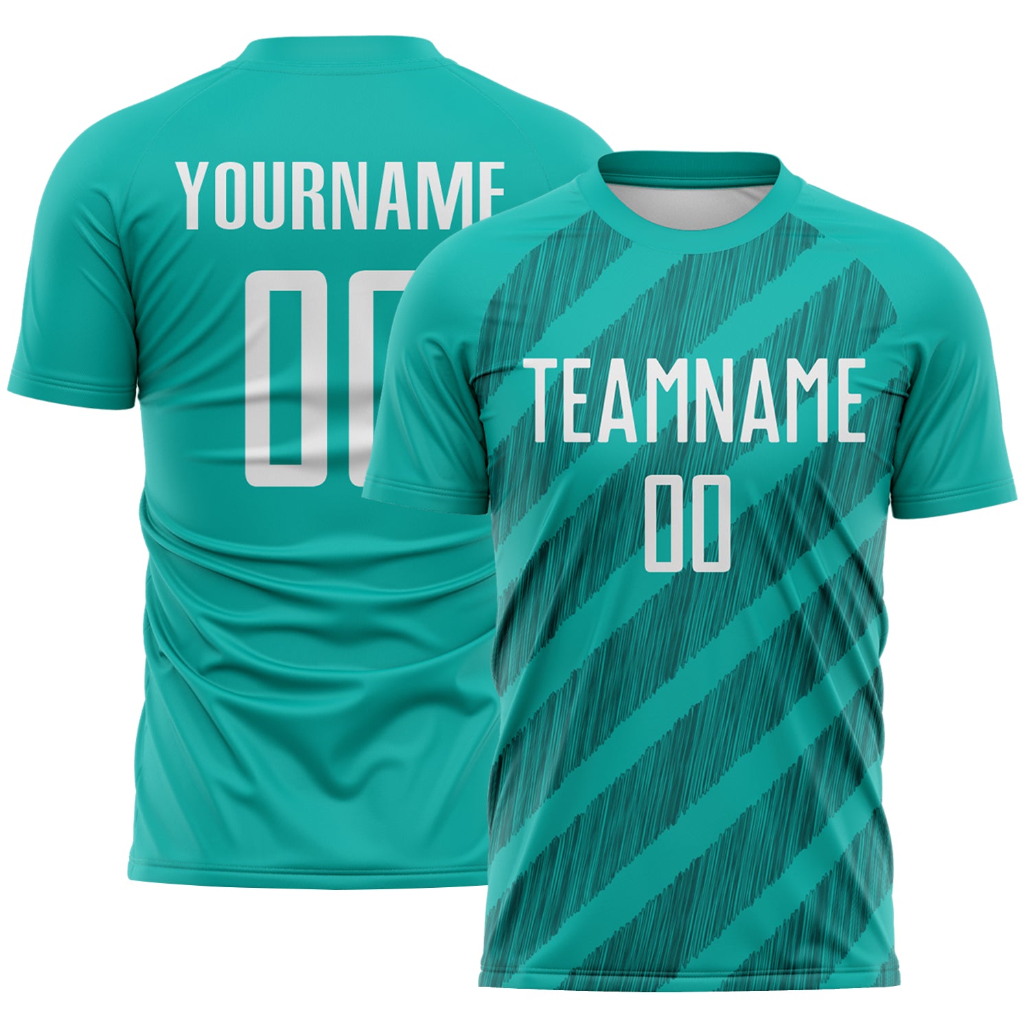 Custom Aqua White-Teal Diagonal Stripes Sublimation Soccer Uniform Jersey