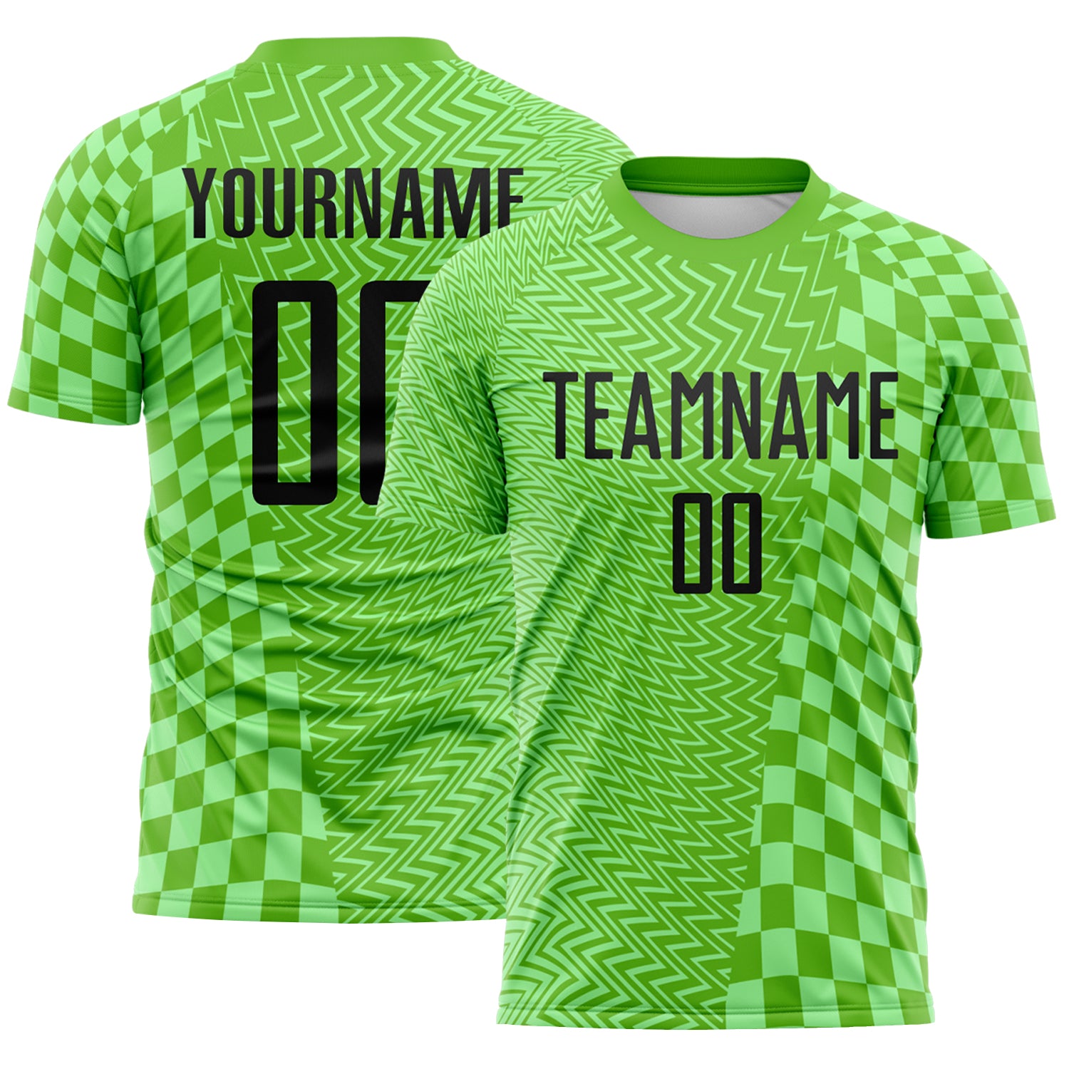 Custom Aurora Green Black-Pea Green Geometric Patchwork Asymmetry Checkered Zigzag Lines Sublimation Soccer Uniform Jersey