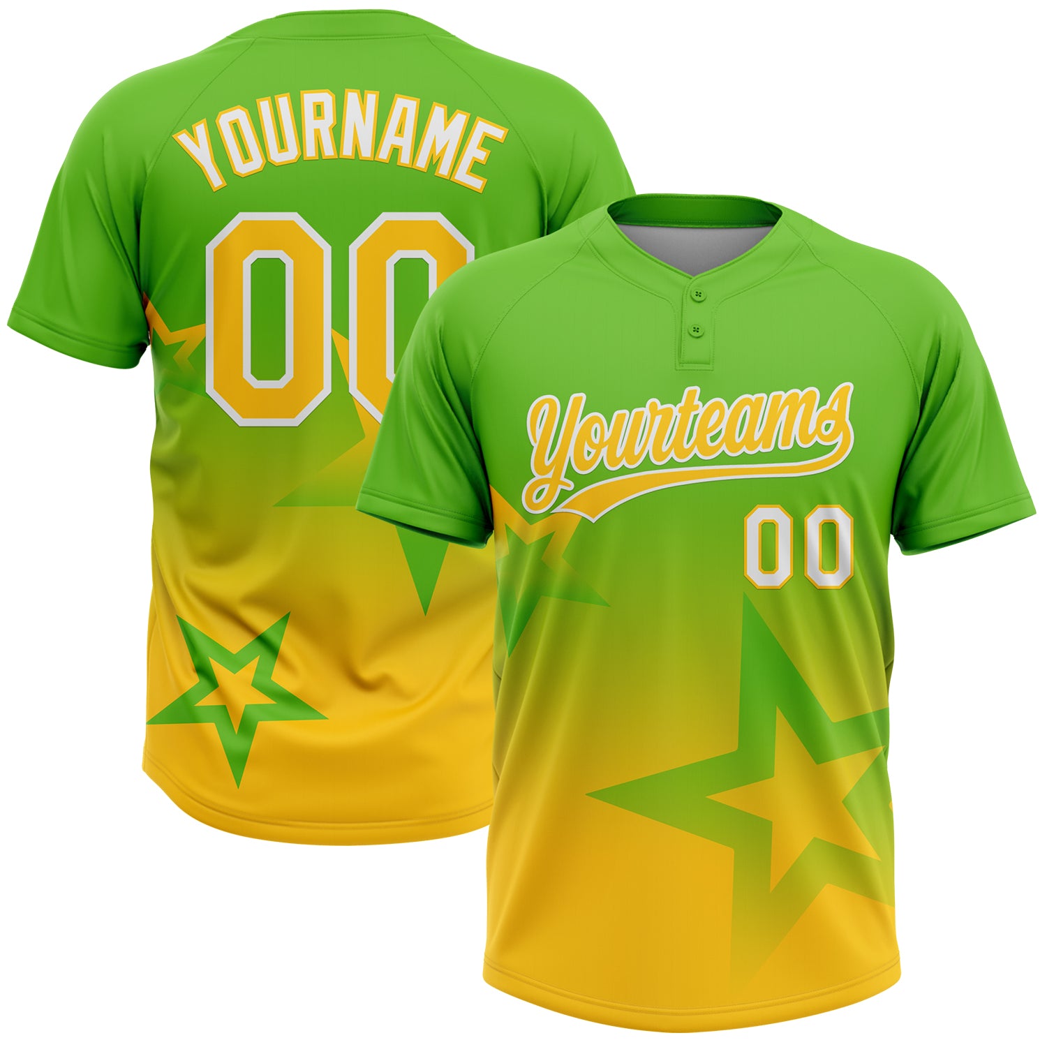 Custom Aurora Green Yellow-White Gradient Style Twinkle Star Two-Button Unisex Softball Jersey