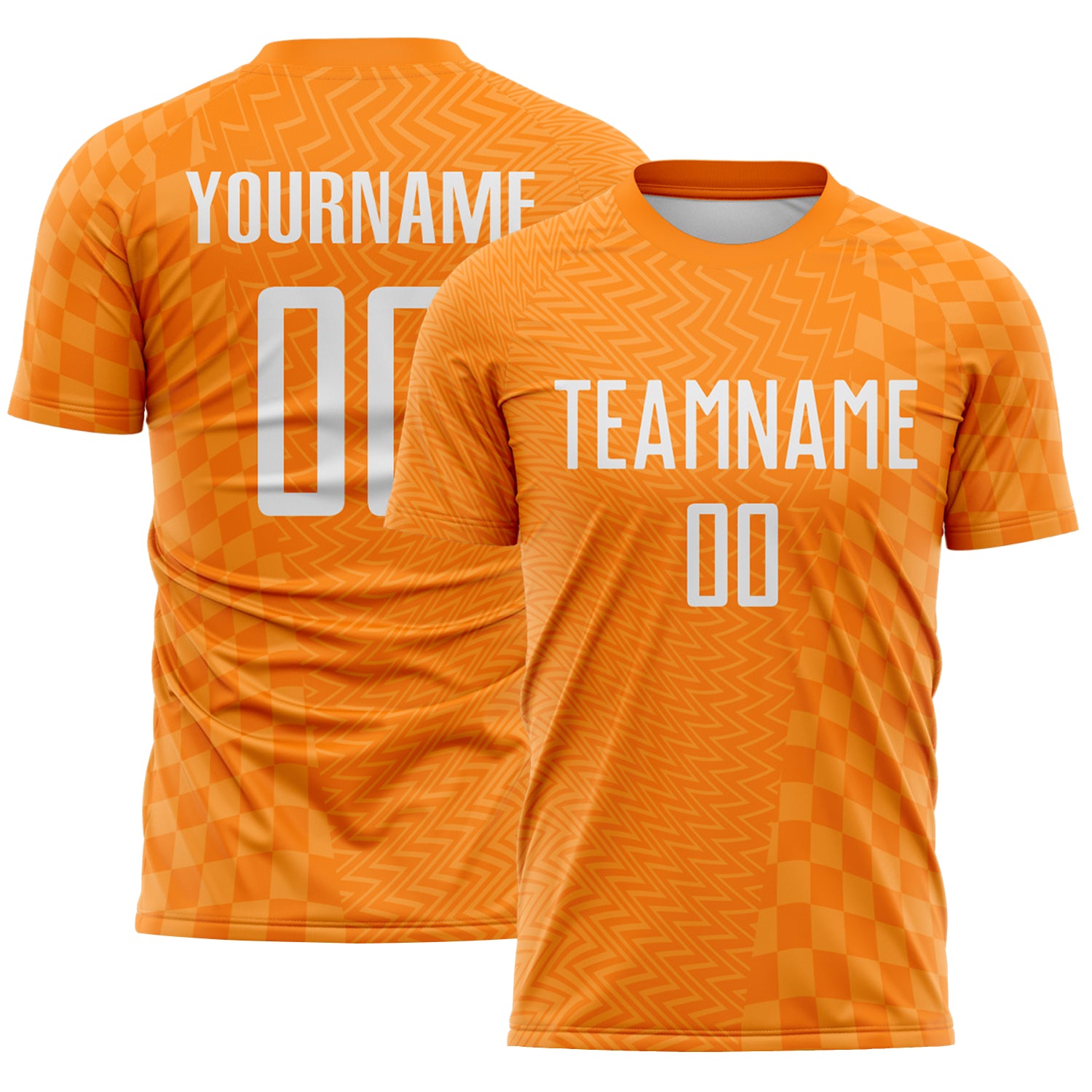 Custom Bay Orange-White Geometric Patchwork Asymmetry Checkered Zigzag Lines Sublimation Soccer Uniform Jersey