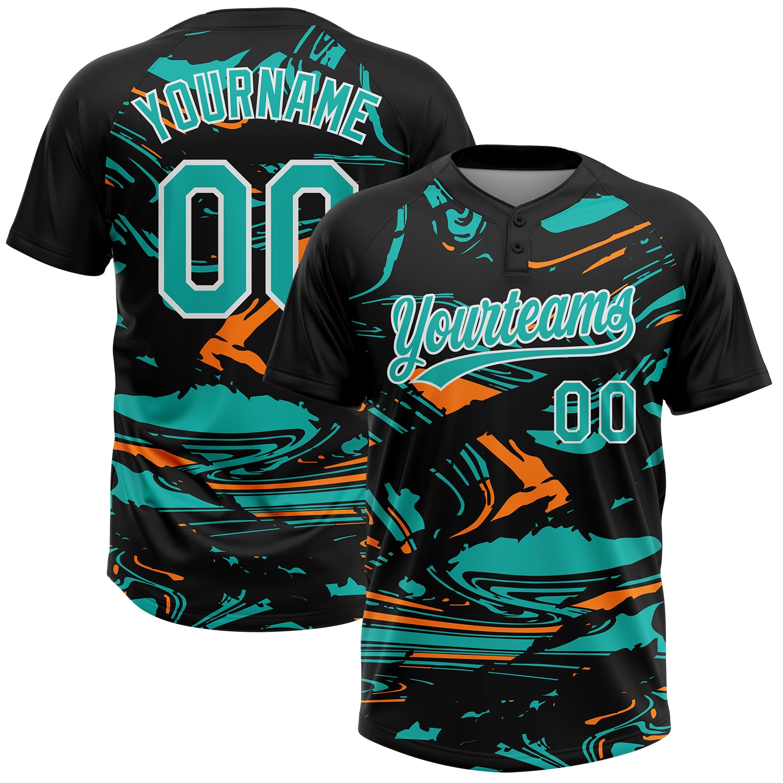 Custom Black Aqua Bay Orange-White Raglan Sleeves Abstract Fluid Marble Two-Button Unisex Softball Jersey