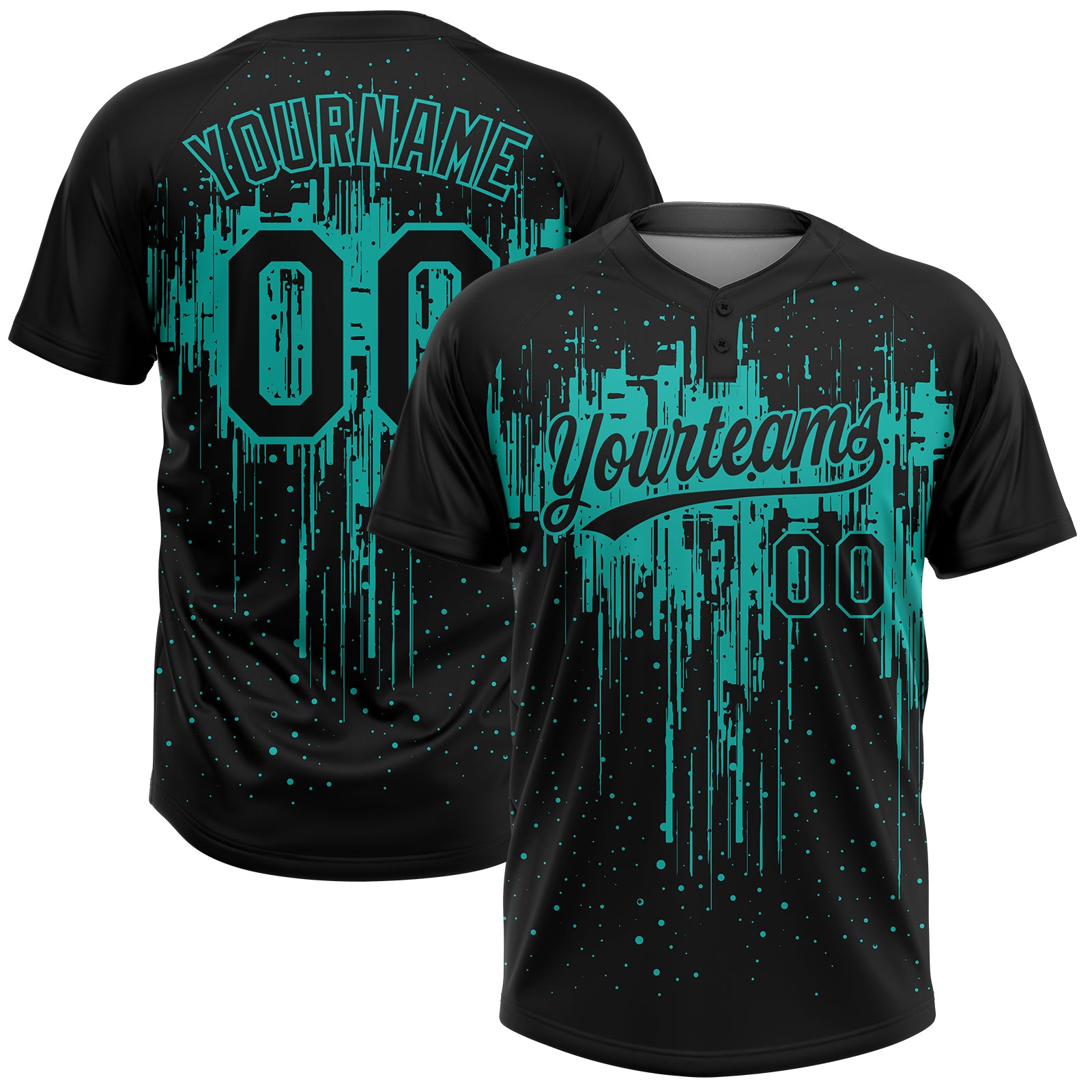 Custom Black Aqua Dripping Splatter Paint Two-Button Unisex Softball Jersey