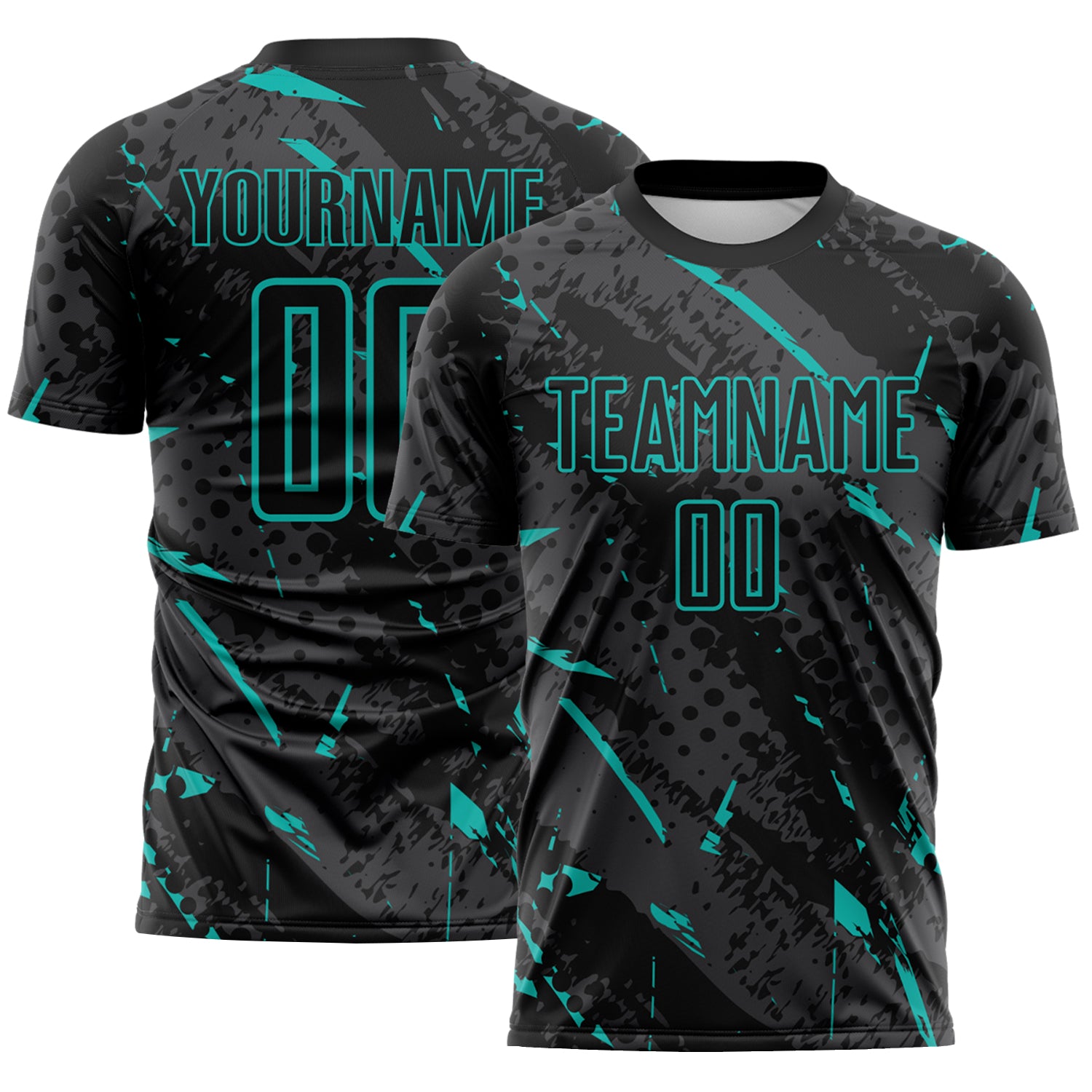 Custom Black Aqua-Gray Brush Stroke Slashes And Dot Grid Sublimation Soccer Uniform Jersey