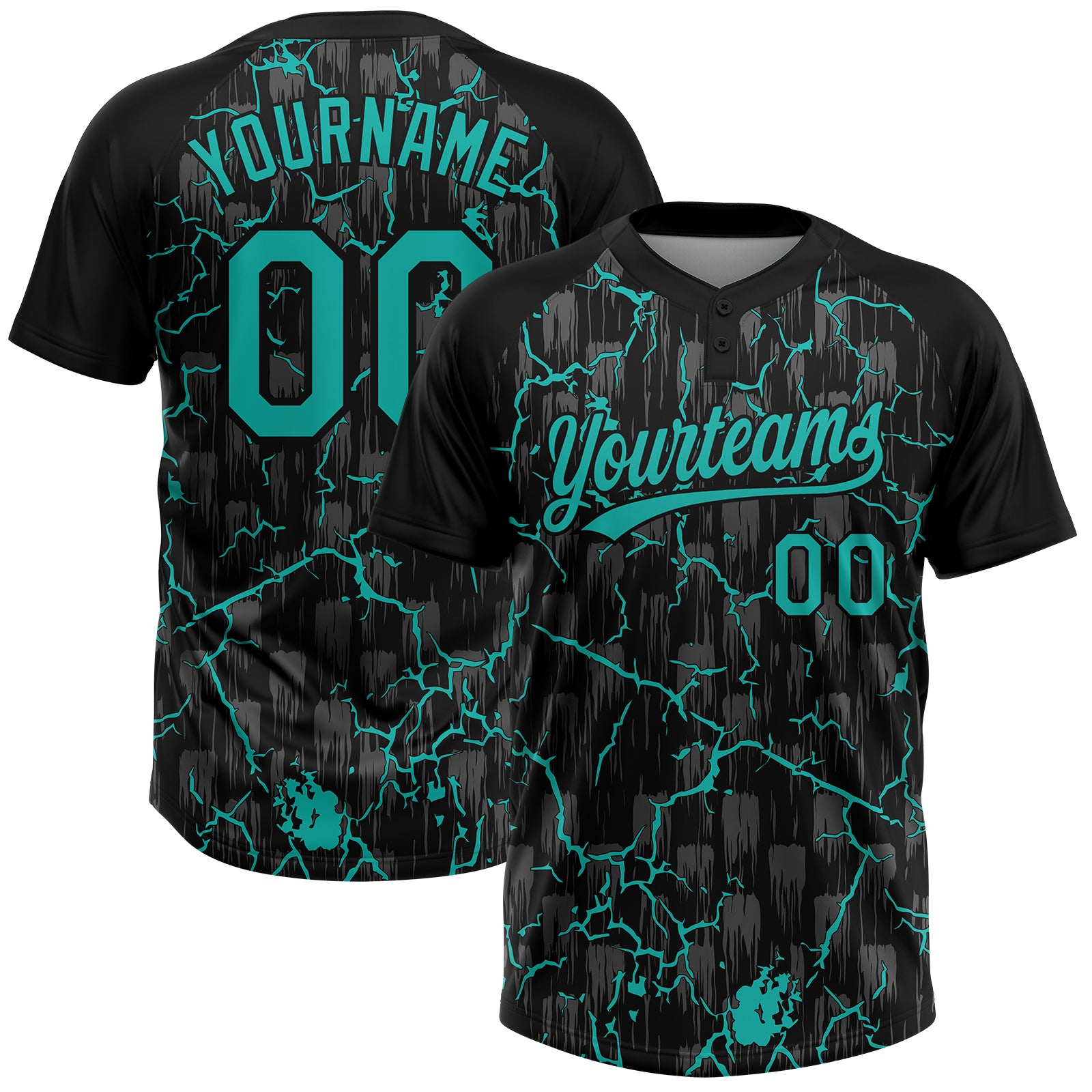 Custom Black Aqua-Gray Raglan Sleeves Neon Lightning Crackle Two-Button Unisex Softball Jersey