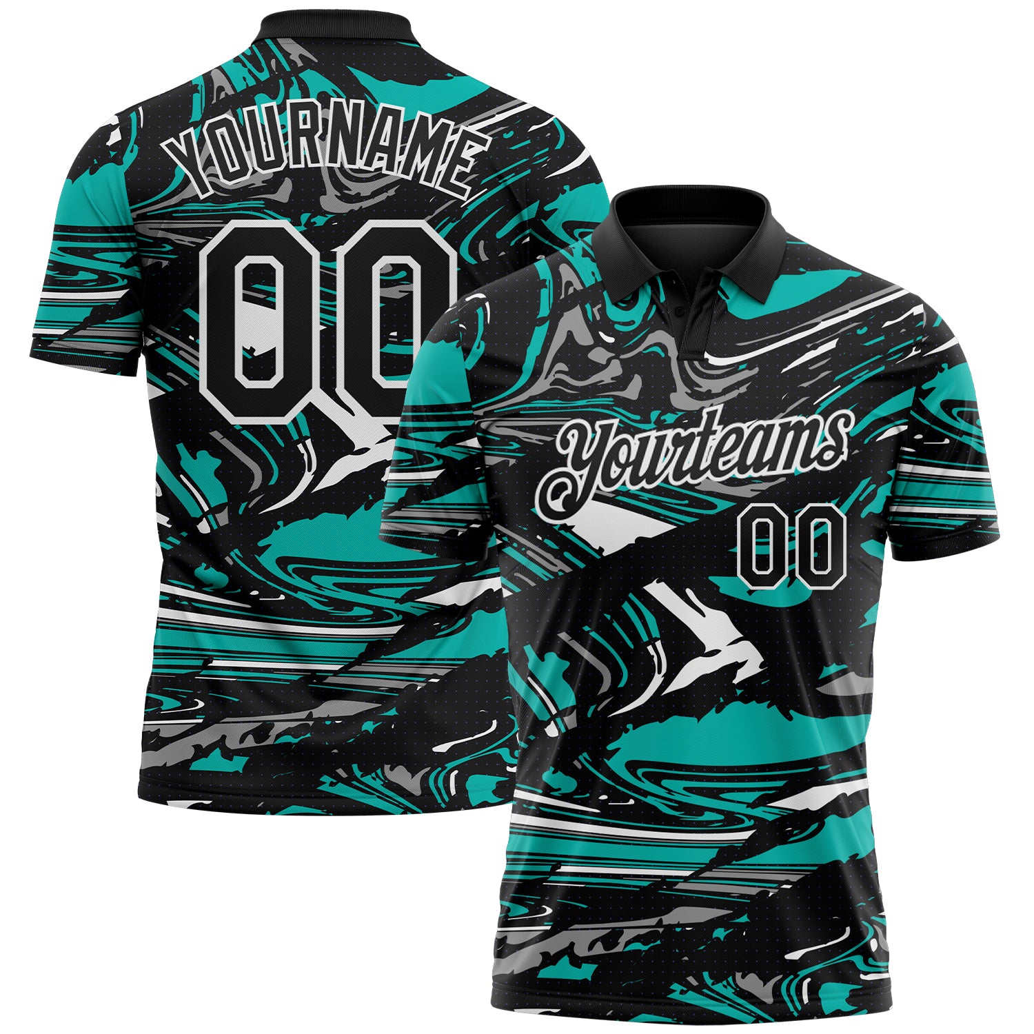 Custom Black Aqua Gray-White 3D Pattern Abstract Fluid Marble Performance Polo Shirt
